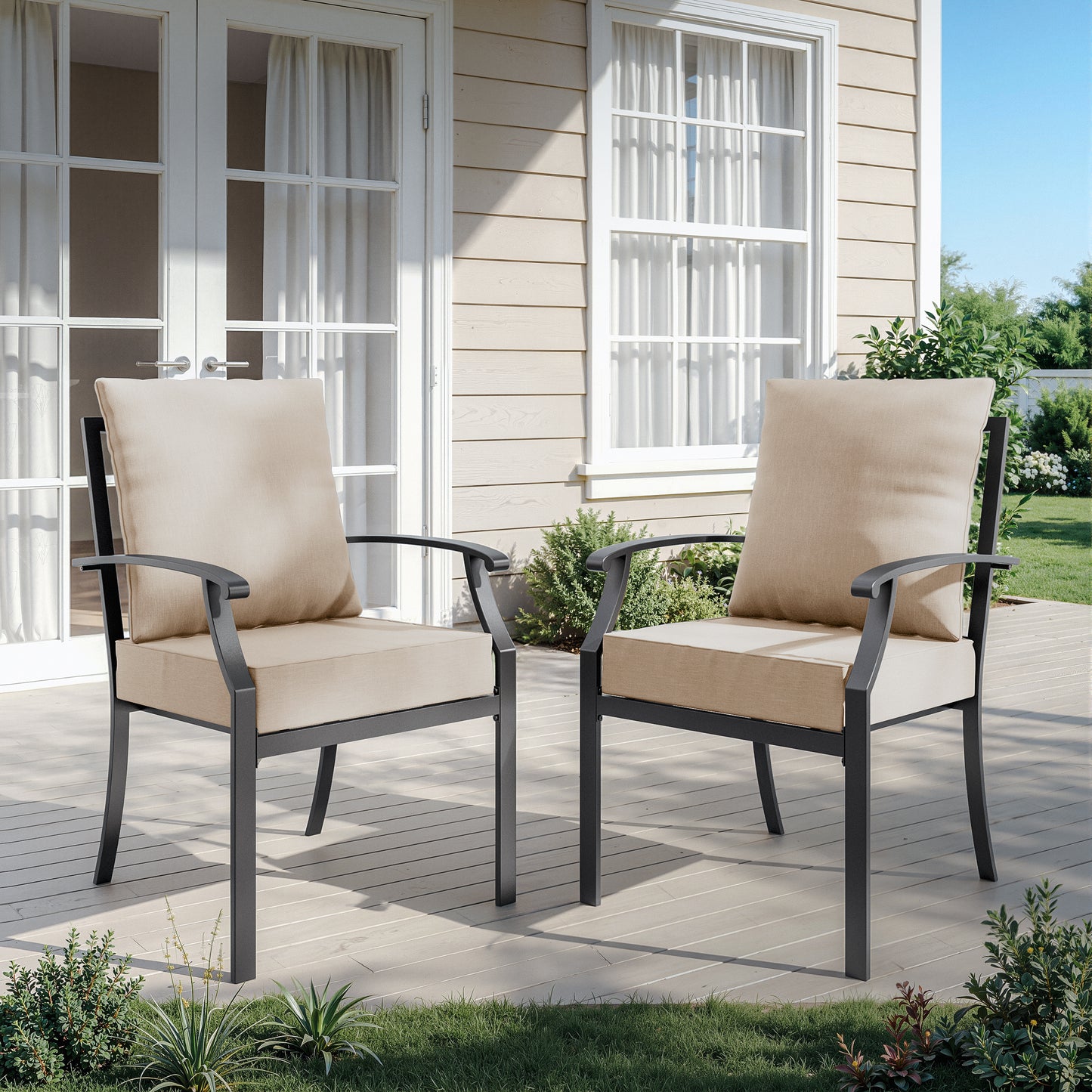 ALAULM Outdoor Dining Chairs Set, Stackabl Patio Dining Chairs with Arms for All Weather, Heavy Duty Dark Brown Powder-Coated Metal Patio Chairs 450LBS, for Backyard Garden Lawn
