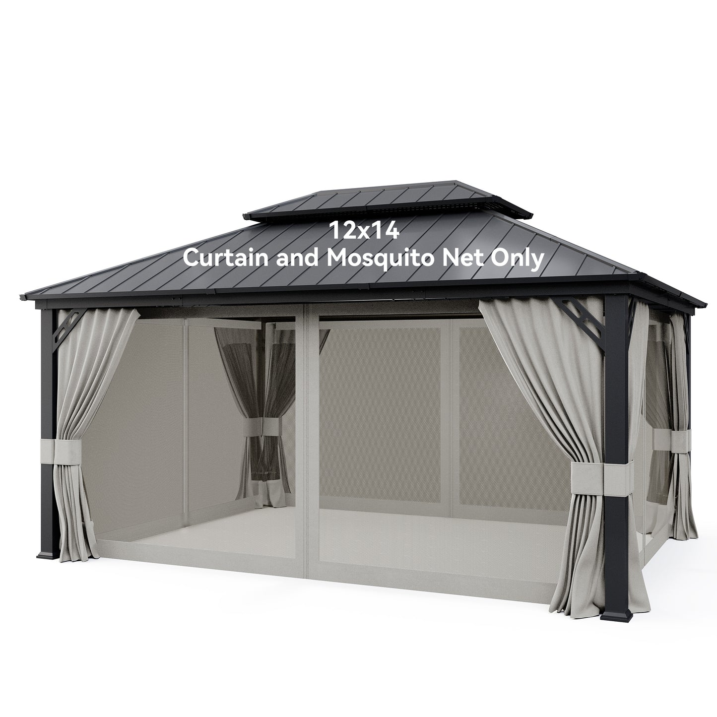 ALAULM 12'x14' Hardtop Gazebo Grey Privacy Curtains with Black Mosquito Netting, 4-Panels Side Wall Universal Gazebo Side Panels Replacement for Patio Outdoor Canopy Garden (Curtain Only)