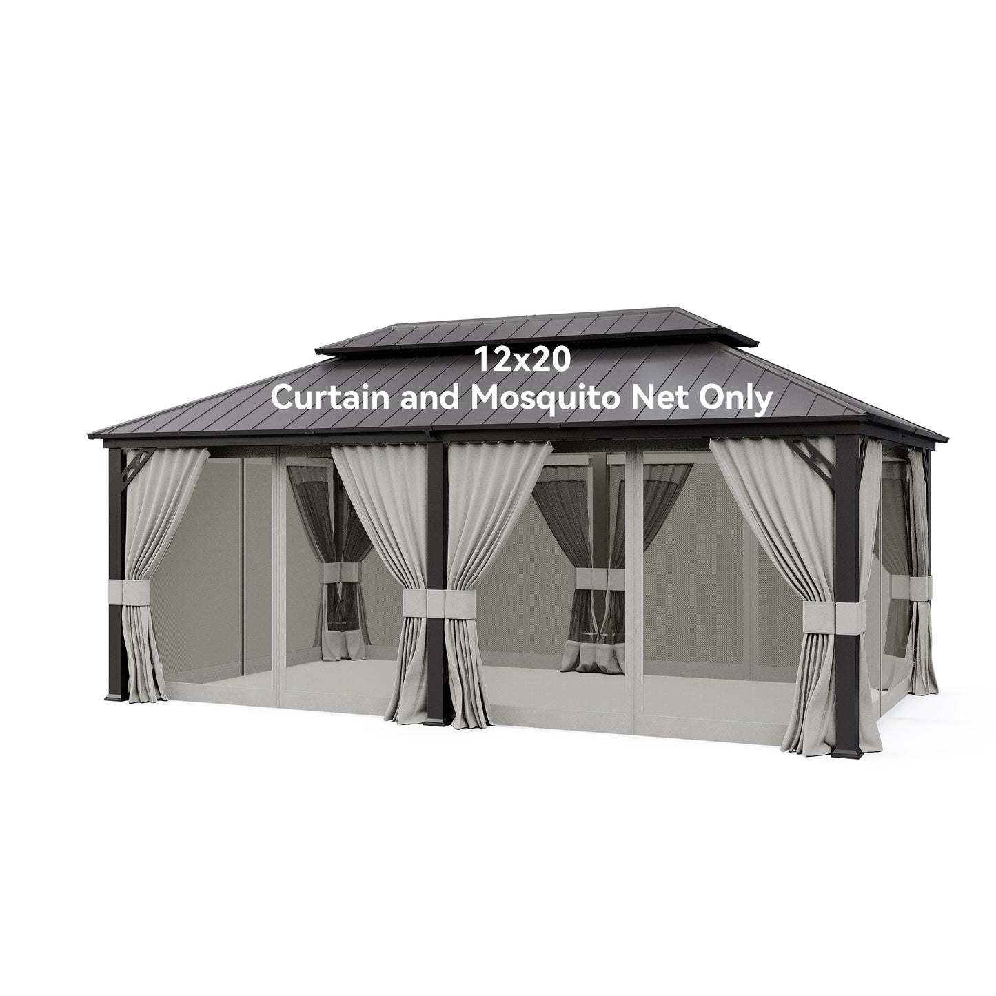 ALAULM 12'x20' Hardtop Gazebo Sand Privacy Curtains with Brown Mosquito Netting, 4-Panels Side Wall Universal Gazebo Side Panels Replacement for Patio Outdoor Canopy Garden (Curtain Only)