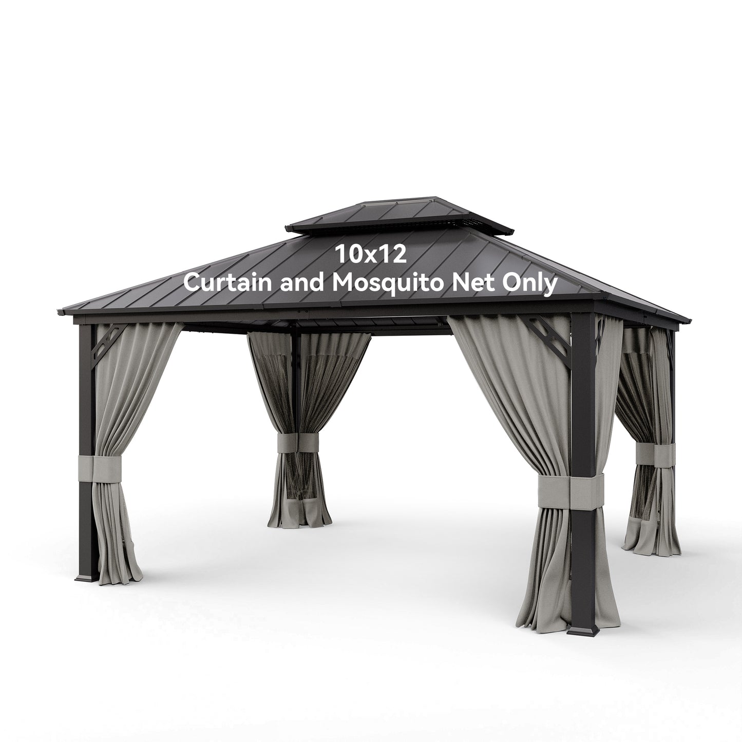 ALAULM 10'x12' Hardtop Gazebo Grey Privacy Curtains with Black Mosquito Netting, 4-Panels Side Wall Universal Gazebo Side Panels Replacement for Patio Outdoor Canopy Garden (Curtain Only)