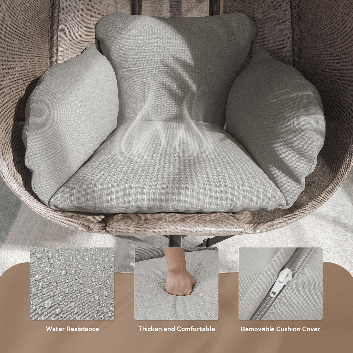 Gotland Outdoor Foldable Egg Chair with Stand, Patio Textilene Swing Egg Chair Hammock Chair with UV Resistant Cushion, All-Weather 485lbs Capacity for Bedroom Balcony Garden, Beige (D1)
