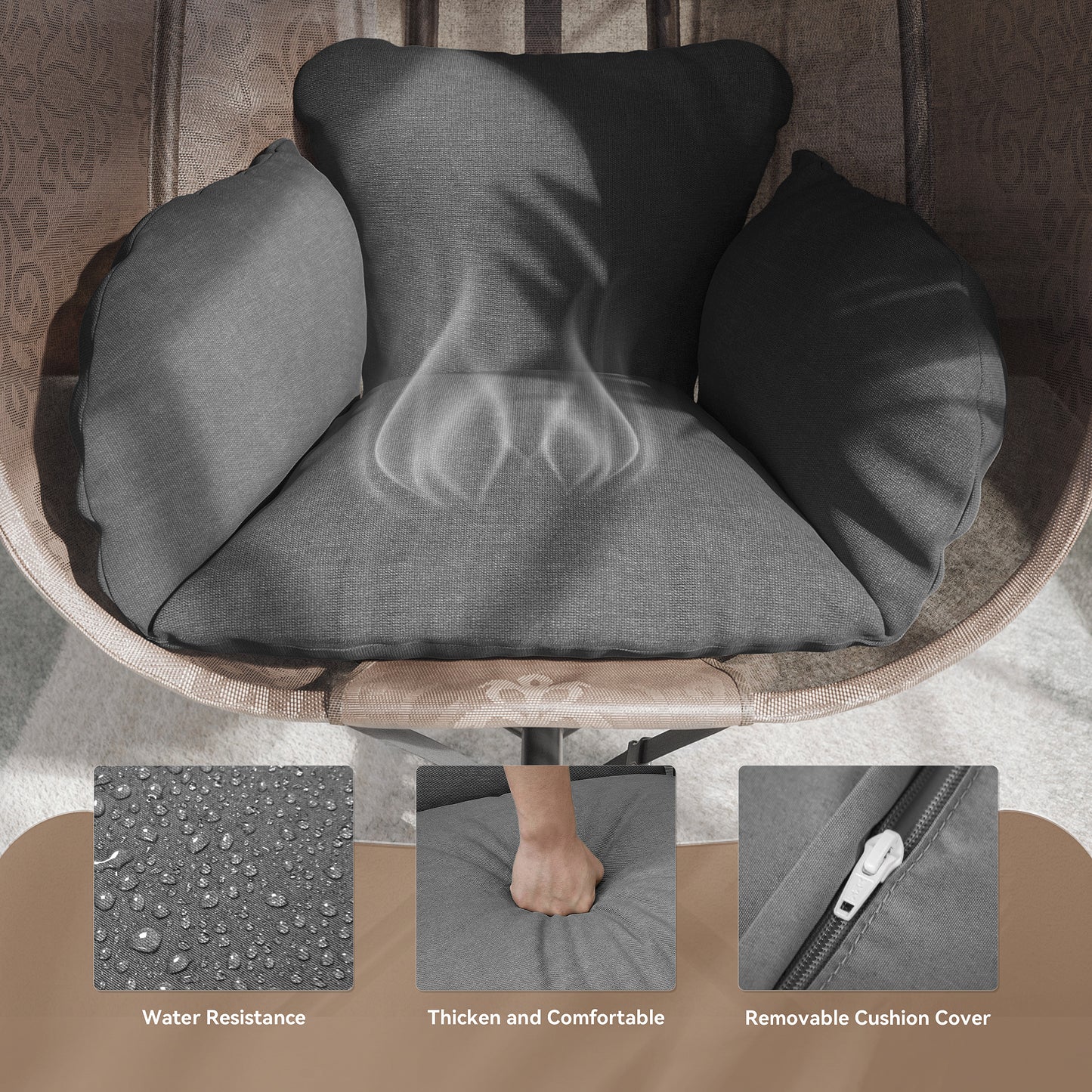 Gotland Outdoor Foldable Egg Chair with Stand, Patio Textilene Swing Egg Chair Hammock Chair with UV Resistant Cushion, All-Weather 485lbs Capacity for Bedroom Balcony Garden, Beige (D2)