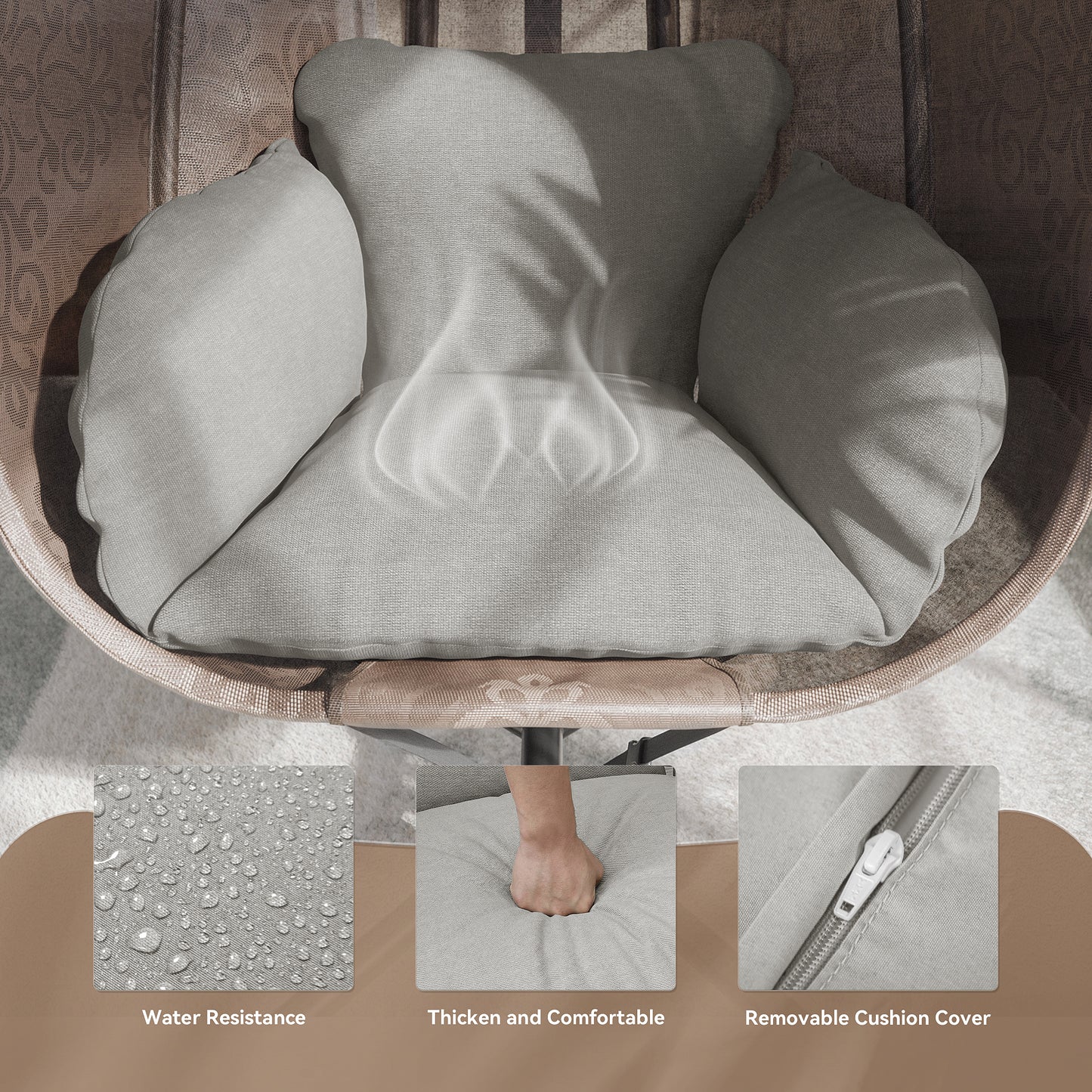Gotland Outdoor Foldable Egg Chair with Stand, Patio Textilene Swing Egg Chair Hammock Chair with UV Resistant Cushion, All-Weather 485lbs Capacity for Bedroom Balcony Garden, Beige (D2)