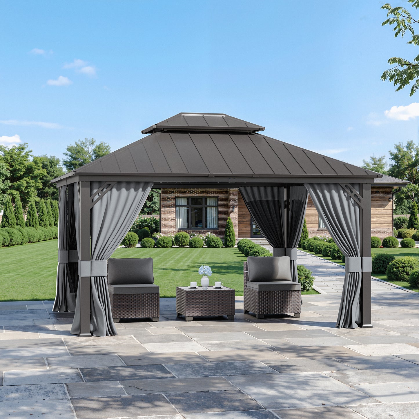 ALAULM 10'x12' Hardtop Gazebo Grey Privacy Curtains with Black Mosquito Netting, 4-Panels Side Wall Universal Gazebo Side Panels Replacement for Patio Outdoor Canopy Garden (Curtain Only)