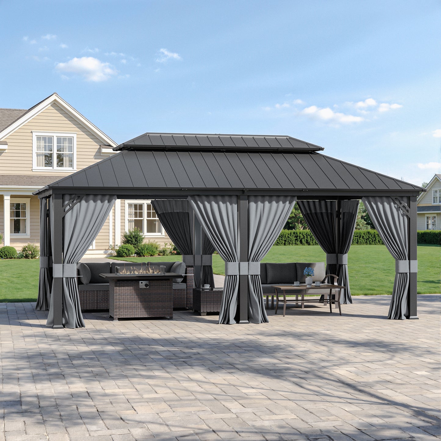 ALAULM 12'x20' Hardtop Gazebo Sand Privacy Curtains with Brown Mosquito Netting, 4-Panels Side Wall Universal Gazebo Side Panels Replacement for Patio Outdoor Canopy Garden (Curtain Only)