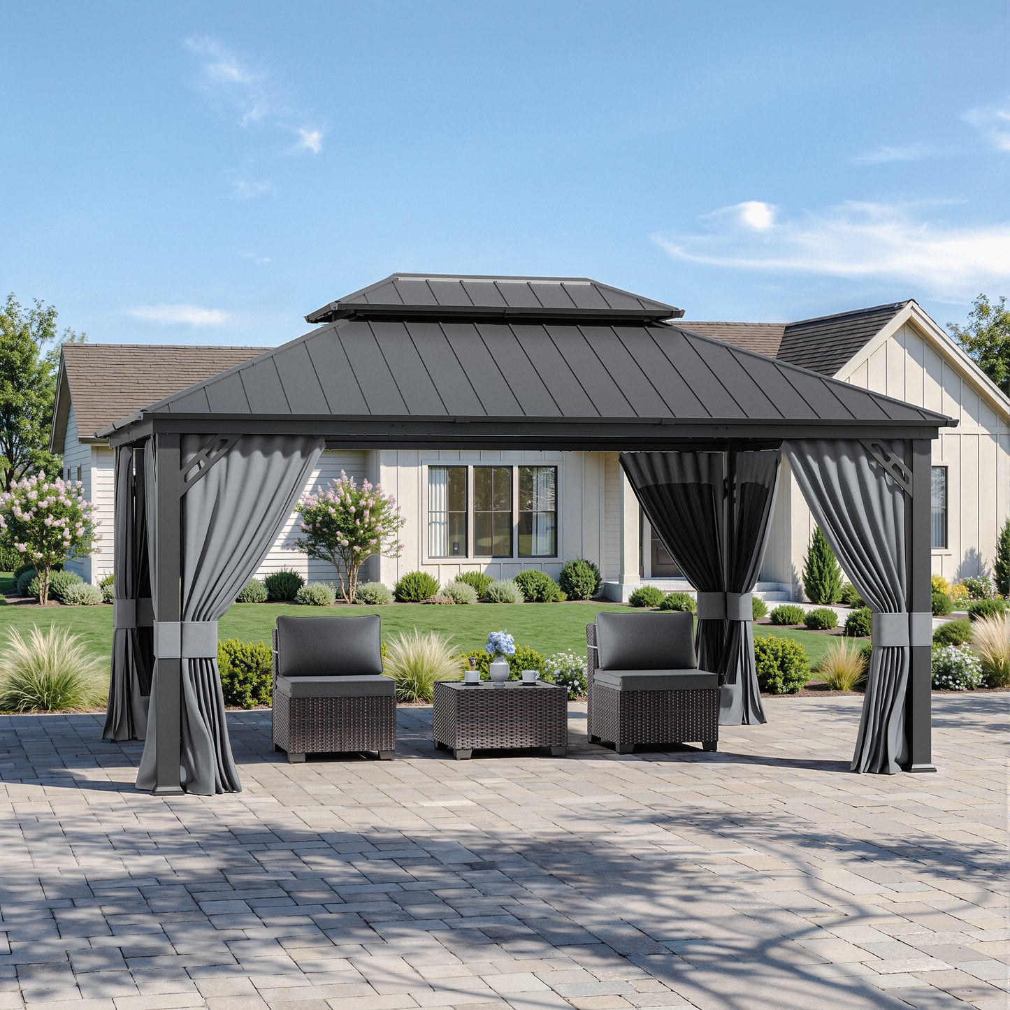 ALAULM 12'x14' Hardtop Gazebo Grey Privacy Curtains with Black Mosquito Netting, 4-Panels Side Wall Universal Gazebo Side Panels Replacement for Patio Outdoor Canopy Garden (Curtain Only)