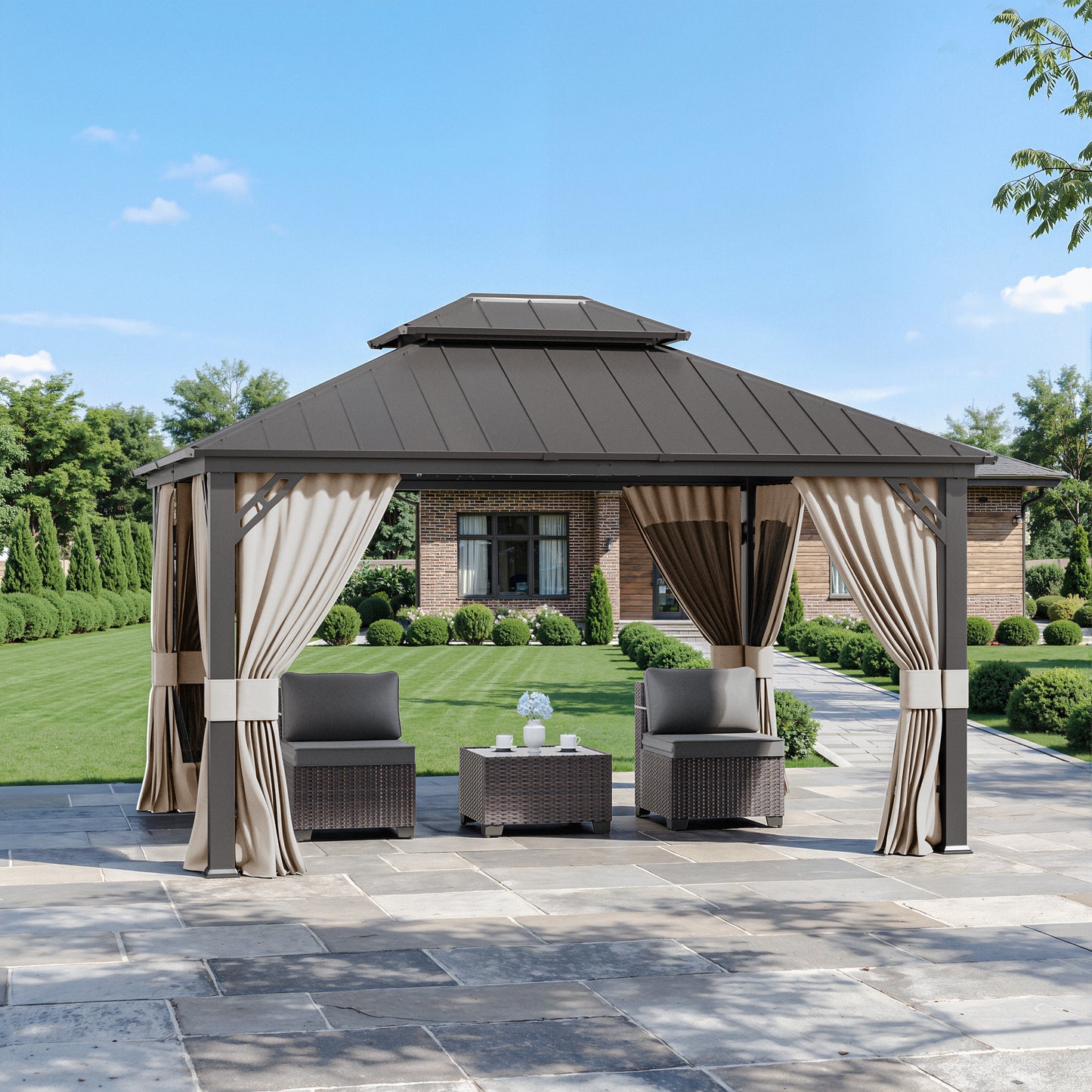 ALAULM 10'x12' Hardtop Gazebo Grey Privacy Curtains with Black Mosquito Netting, 4-Panels Side Wall Universal Gazebo Side Panels Replacement for Patio Outdoor Canopy Garden (Curtain Only)