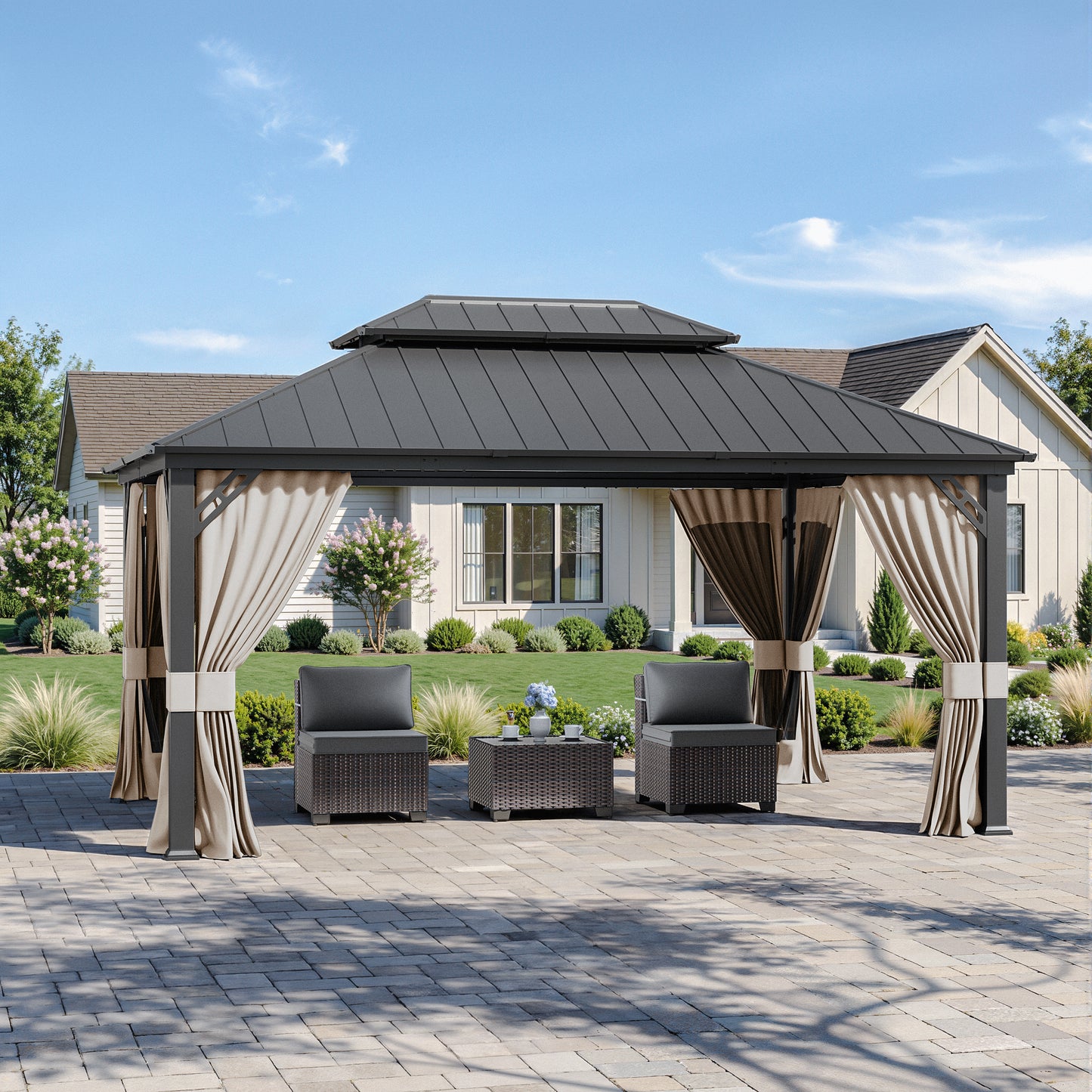 ALAULM 12'x14' Hardtop Gazebo Grey Privacy Curtains with Black Mosquito Netting, 4-Panels Side Wall Universal Gazebo Side Panels Replacement for Patio Outdoor Canopy Garden (Curtain Only)