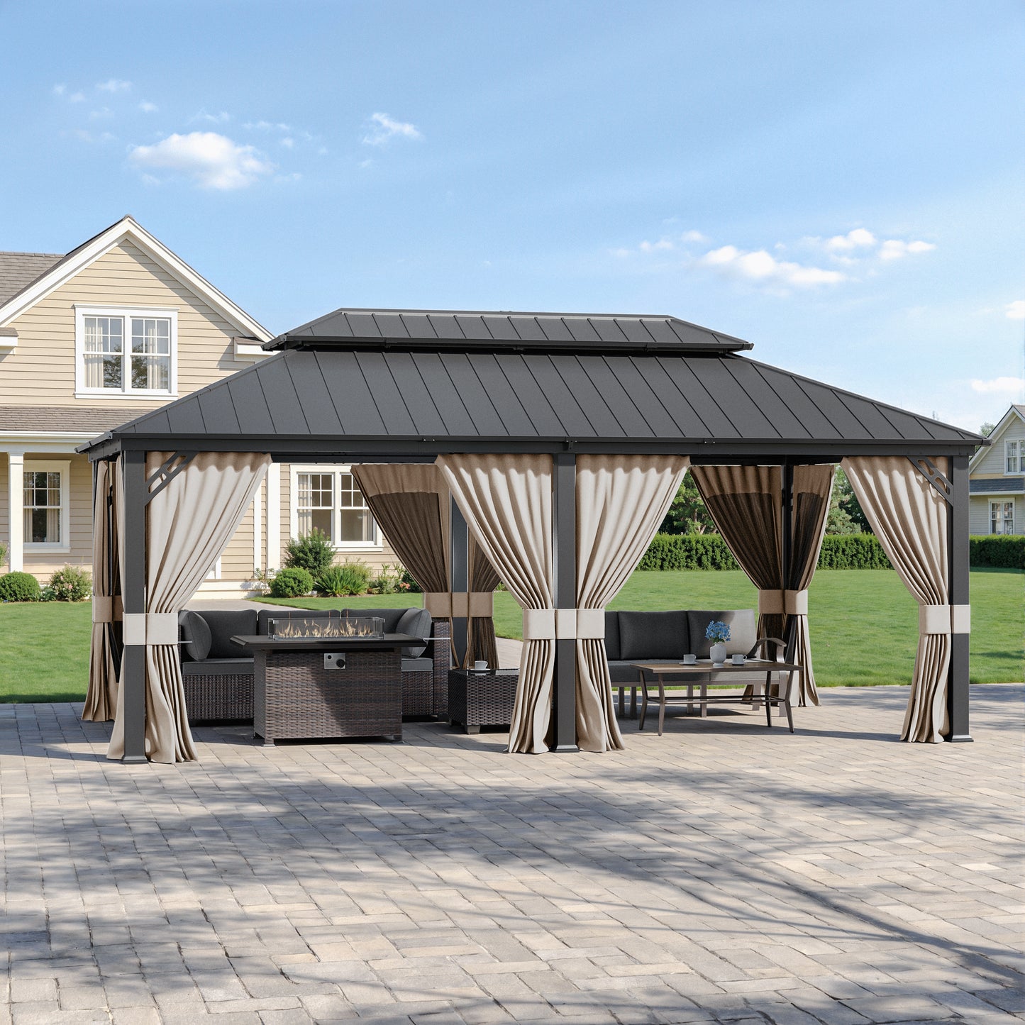 ALAULM 12'x20' Hardtop Gazebo Sand Privacy Curtains with Brown Mosquito Netting, 4-Panels Side Wall Universal Gazebo Side Panels Replacement for Patio Outdoor Canopy Garden (Curtain Only)