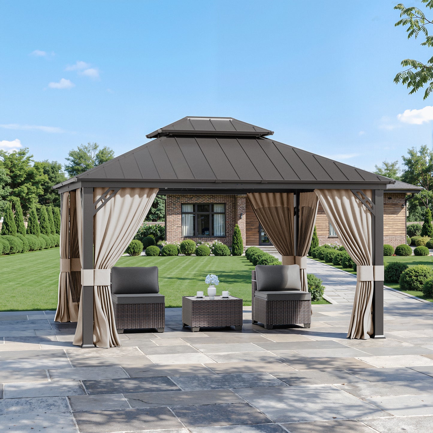 ALAULM 10'x12' Hardtop Gazebo Grey Privacy Curtains with Black Mosquito Netting, 4-Panels Side Wall Universal Gazebo Side Panels Replacement for Patio Outdoor Canopy Garden (Curtain Only)