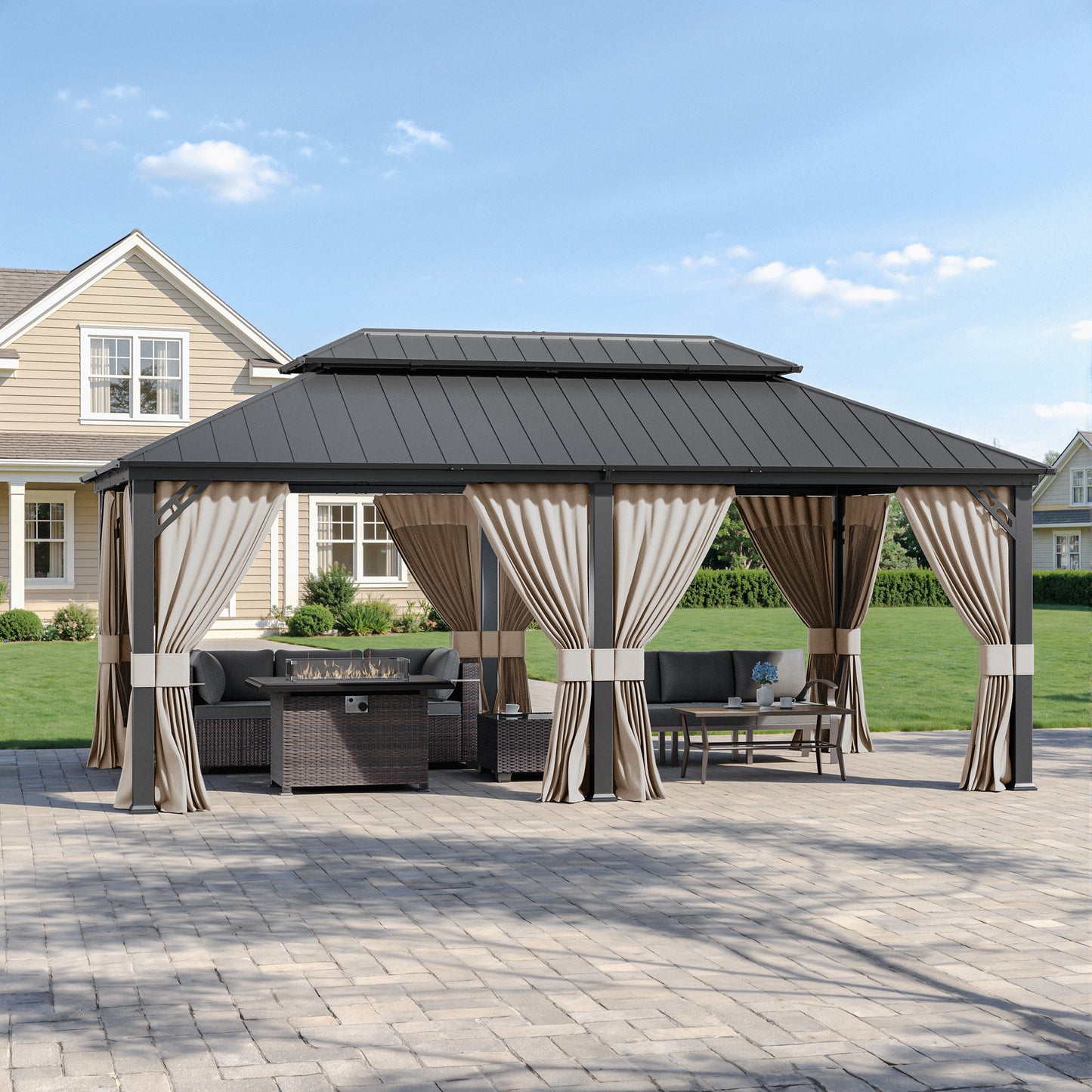 ALAULM 12'x20' Hardtop Gazebo Sand Privacy Curtains with Brown Mosquito Netting, 4-Panels Side Wall Universal Gazebo Side Panels Replacement for Patio Outdoor Canopy Garden (Curtain Only)