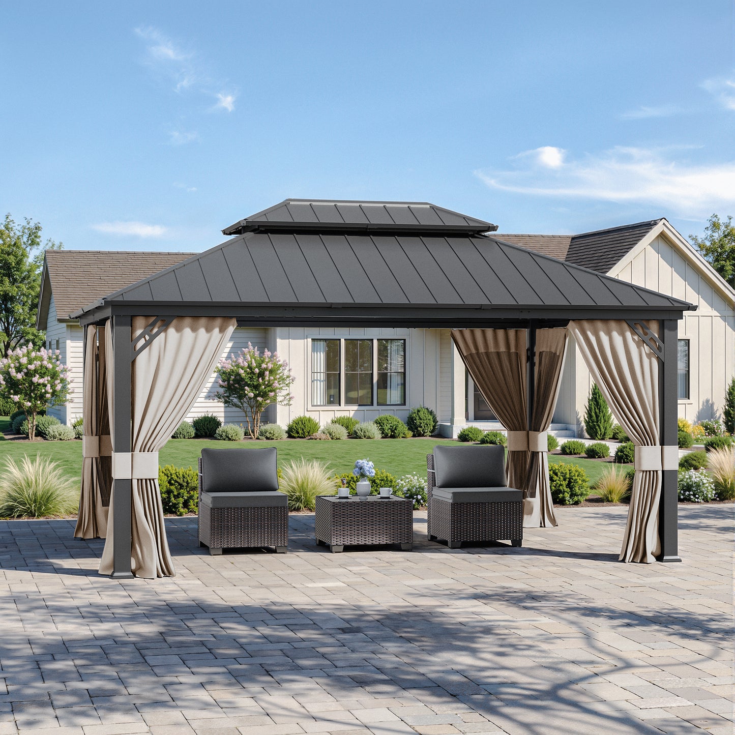 ALAULM 12'x14' Hardtop Gazebo Grey Privacy Curtains with Black Mosquito Netting, 4-Panels Side Wall Universal Gazebo Side Panels Replacement for Patio Outdoor Canopy Garden (Curtain Only)