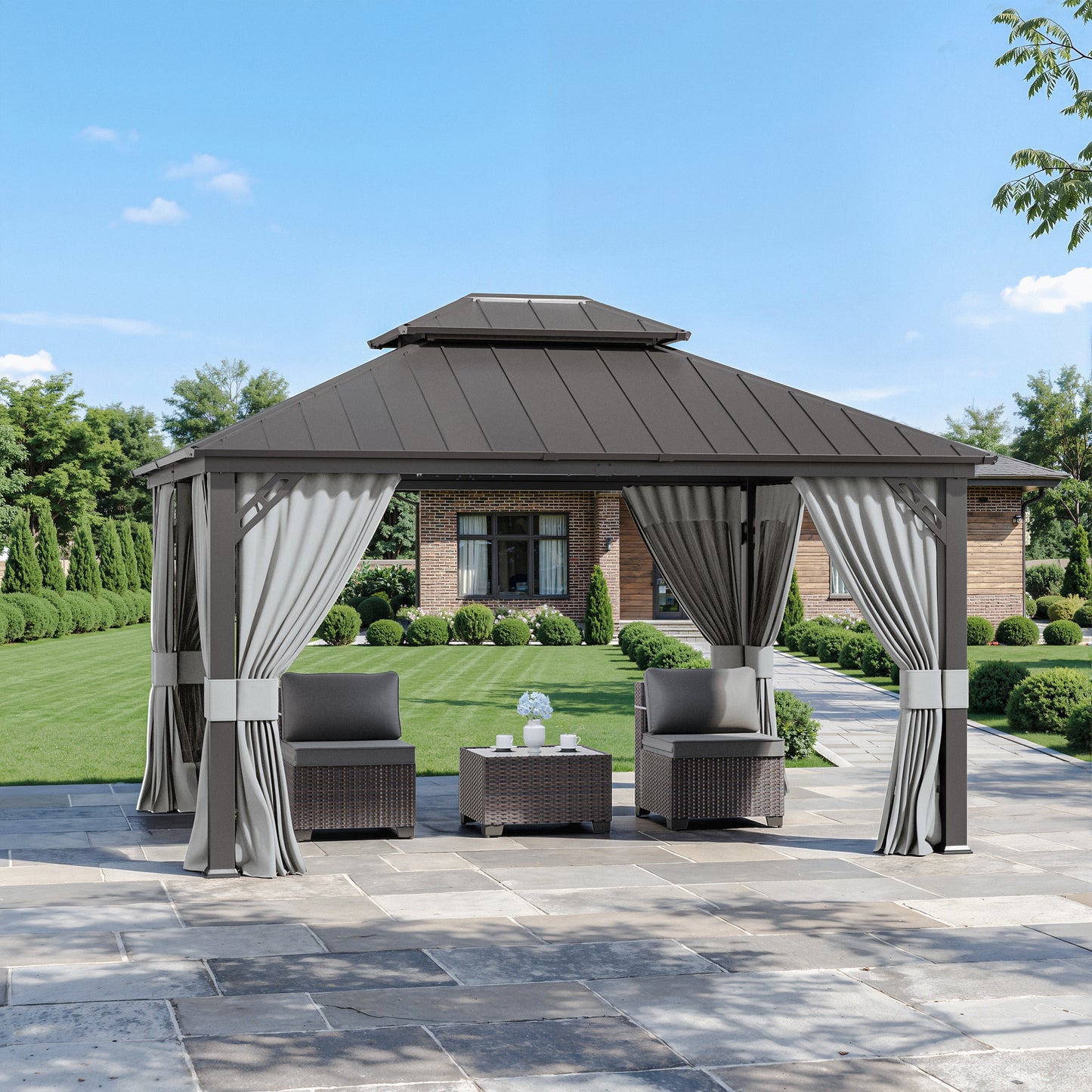 ALAULM 10'x12' Hardtop Gazebo Grey Privacy Curtains with Black Mosquito Netting, 4-Panels Side Wall Universal Gazebo Side Panels Replacement for Patio Outdoor Canopy Garden (Curtain Only)
