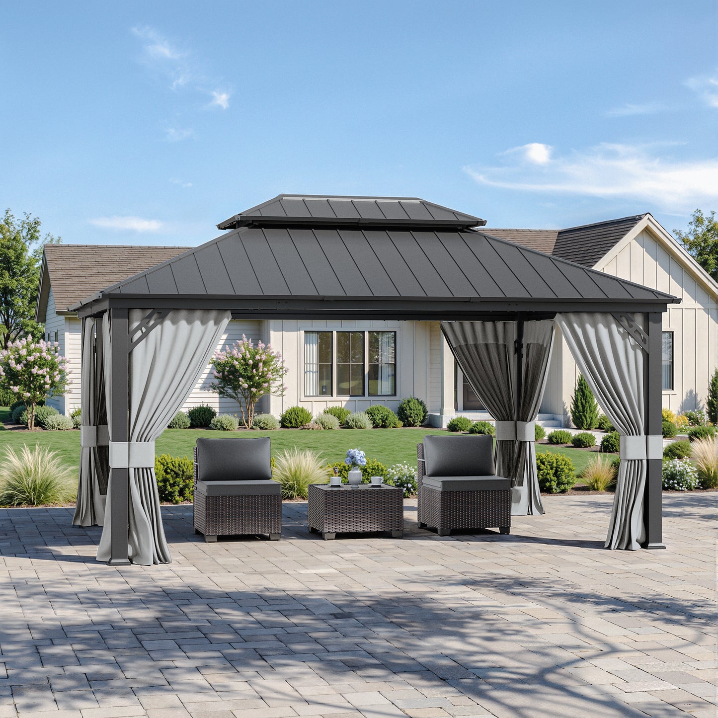 ALAULM 12'x14' Hardtop Gazebo Grey Privacy Curtains with Black Mosquito Netting, 4-Panels Side Wall Universal Gazebo Side Panels Replacement for Patio Outdoor Canopy Garden (Curtain Only)
