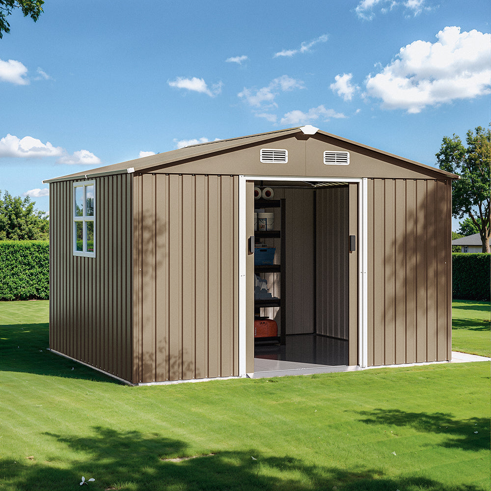 8'x6' Outdoor Metal Storage Shed with Floor for Garden & Tool Storage ,Weather-Resistant Design, Air Vent & Window, Brown