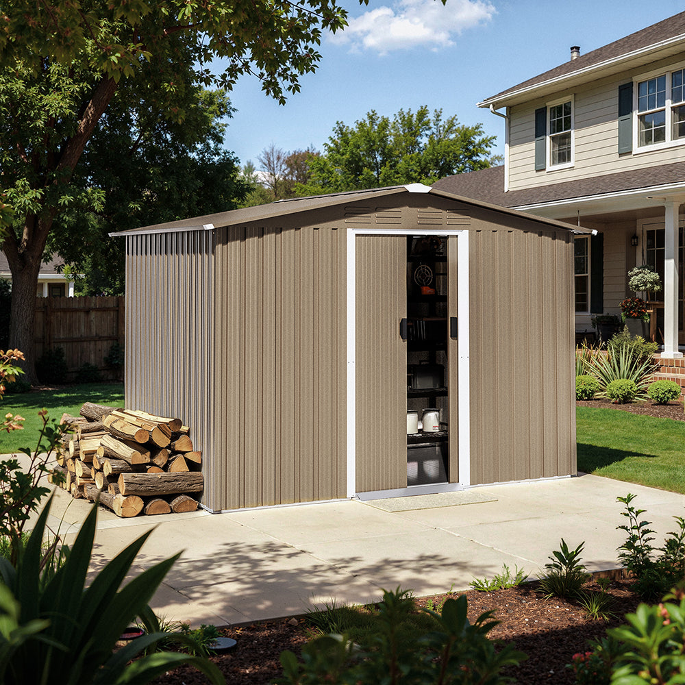 8'x6' Outdoor Metal Storage Shed with Floor for Garden & Tool Storage ,Weather-Resistant Design, Air Vent & Window, Brown