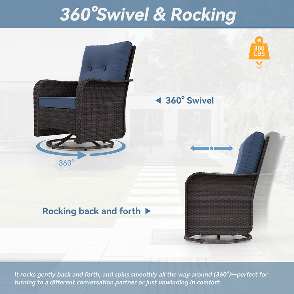ALAULM 7 Pieces Outdoor Patio Furniture Set with 40000 BTU Round Fire Pit Table, Outdoor Swivel Glider Chair with Side Table, Patio Conversation Sets for Porch Deck Backyard