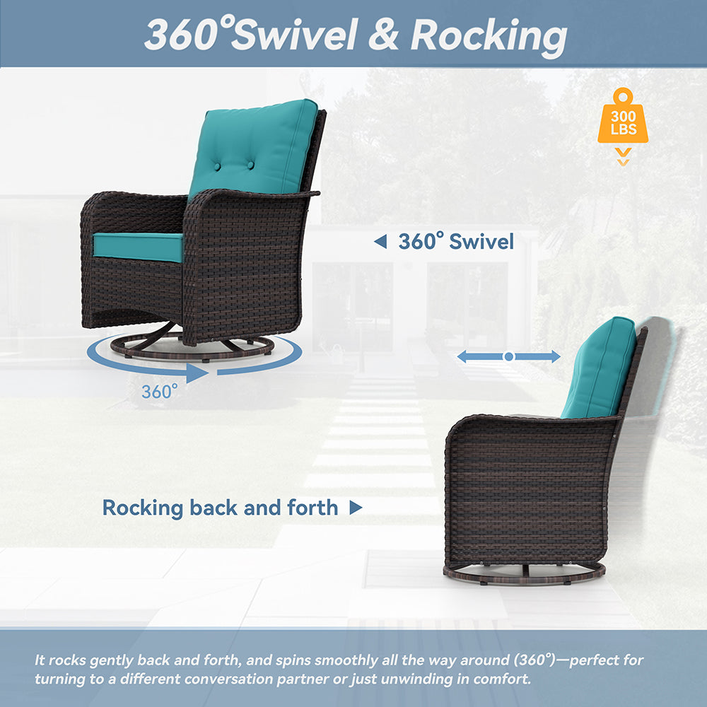 ALAULM 7 Pieces Outdoor Patio Furniture Set with 40000 BTU Round Fire Pit Table, Outdoor Swivel Glider Chair with Side Table, Patio Conversation Sets for Porch Deck Backyard