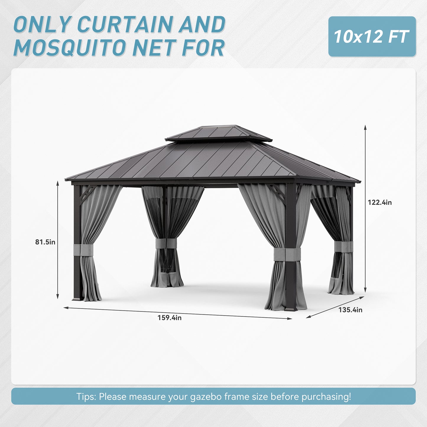 ALAULM 10'x12' Hardtop Gazebo Grey Privacy Curtains with Black Mosquito Netting, 4-Panels Side Wall Universal Gazebo Side Panels Replacement for Patio Outdoor Canopy Garden (Curtain Only)