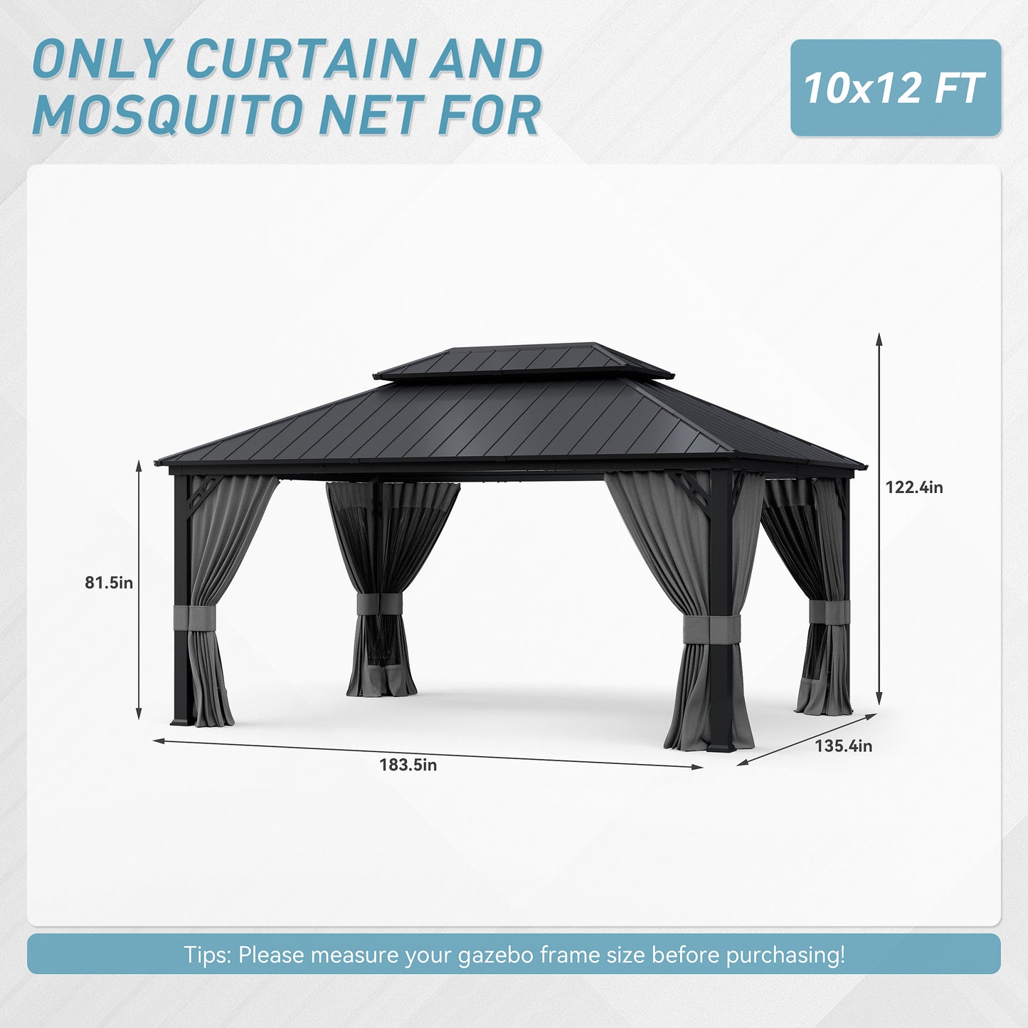 ALAULM 12'x14' Hardtop Gazebo Grey Privacy Curtains with Black Mosquito Netting, 4-Panels Side Wall Universal Gazebo Side Panels Replacement for Patio Outdoor Canopy Garden (Curtain Only)