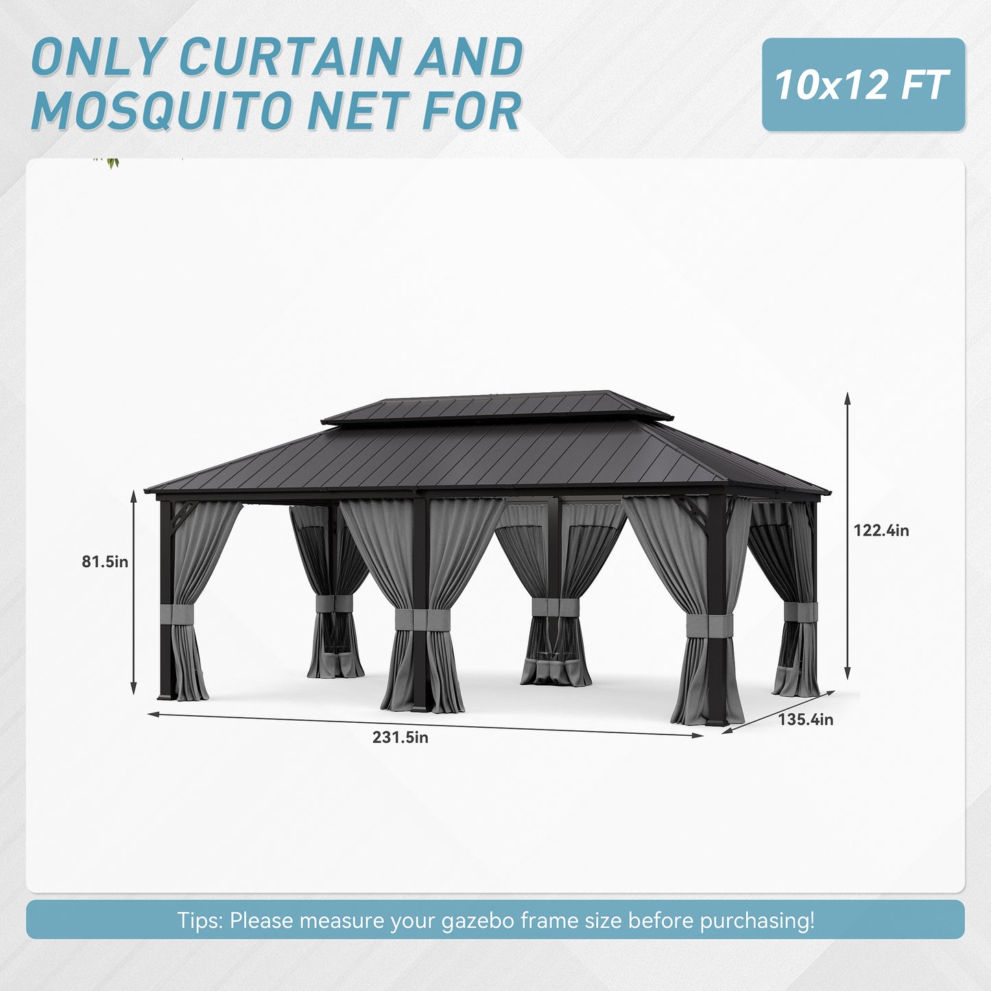 ALAULM 12'x20' Hardtop Gazebo Sand Privacy Curtains with Brown Mosquito Netting, 4-Panels Side Wall Universal Gazebo Side Panels Replacement for Patio Outdoor Canopy Garden (Curtain Only)
