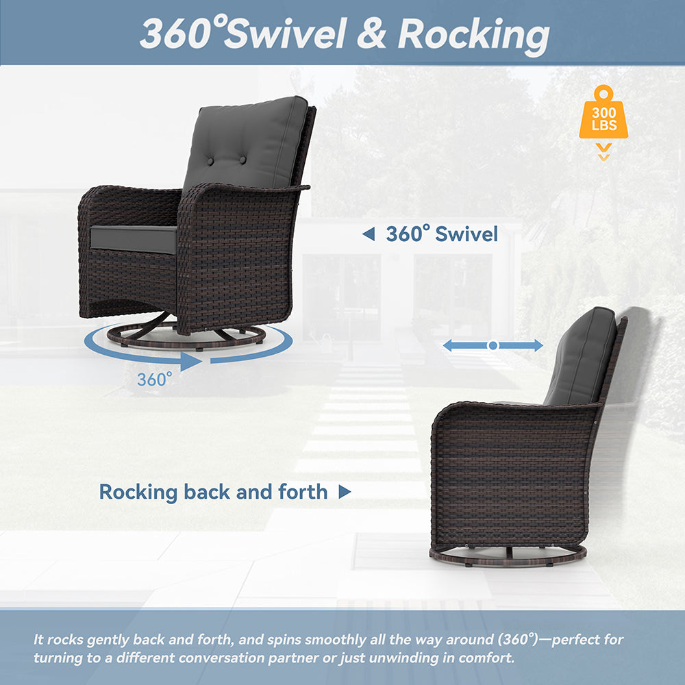 ALAULM 7 Pieces Outdoor Patio Furniture Set with 40000 BTU Round Fire Pit Table, Outdoor Swivel Glider Chair with Side Table, Patio Conversation Sets for Porch Deck Backyard