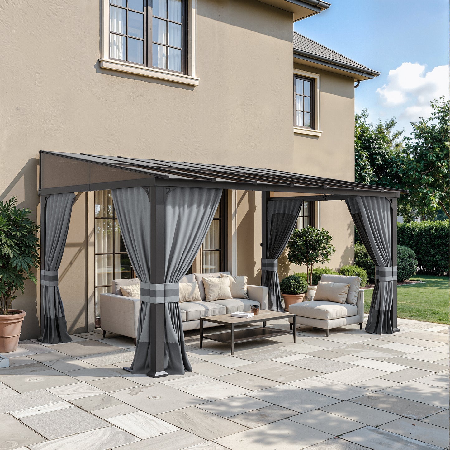 ALAULM 10'x14' Lean to Gazebo Privacy Curtains with Mosquito Netting, 4-Panels Side Wall Universal Gazebo Side Panels Replacement for Patio Outdoor Canopy Garden, Grey (Curtain Only)