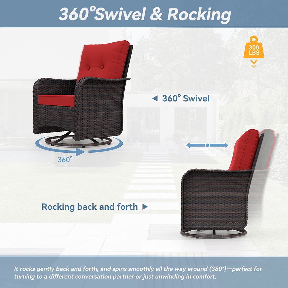 ALAULM 7 Pieces Outdoor Patio Furniture Set with 40000 BTU Round Fire Pit Table, Outdoor Swivel Glider Chair with Side Table, Patio Conversation Sets for Porch Deck Backyard