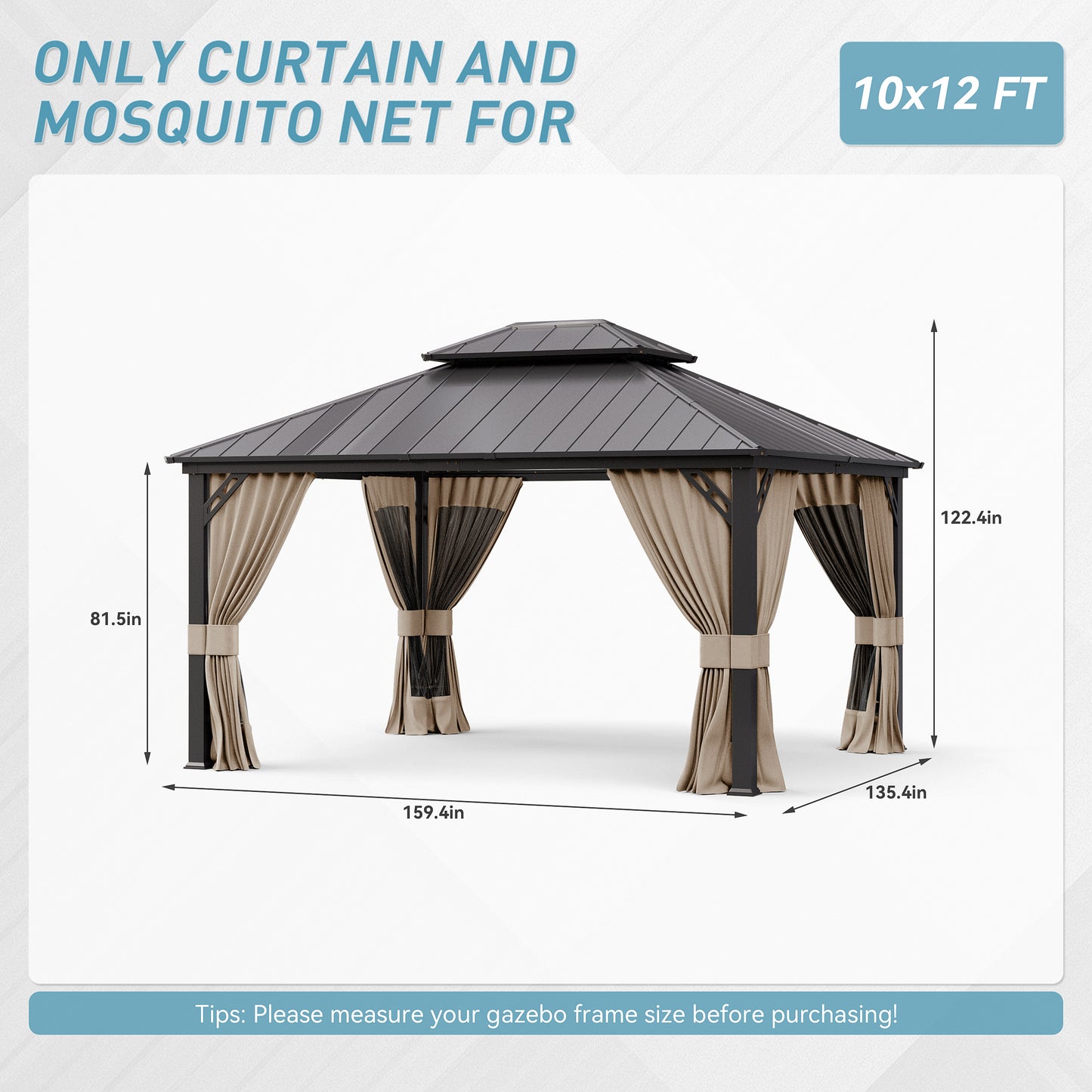 ALAULM 10'x12' Hardtop Gazebo Grey Privacy Curtains with Black Mosquito Netting, 4-Panels Side Wall Universal Gazebo Side Panels Replacement for Patio Outdoor Canopy Garden (Curtain Only)