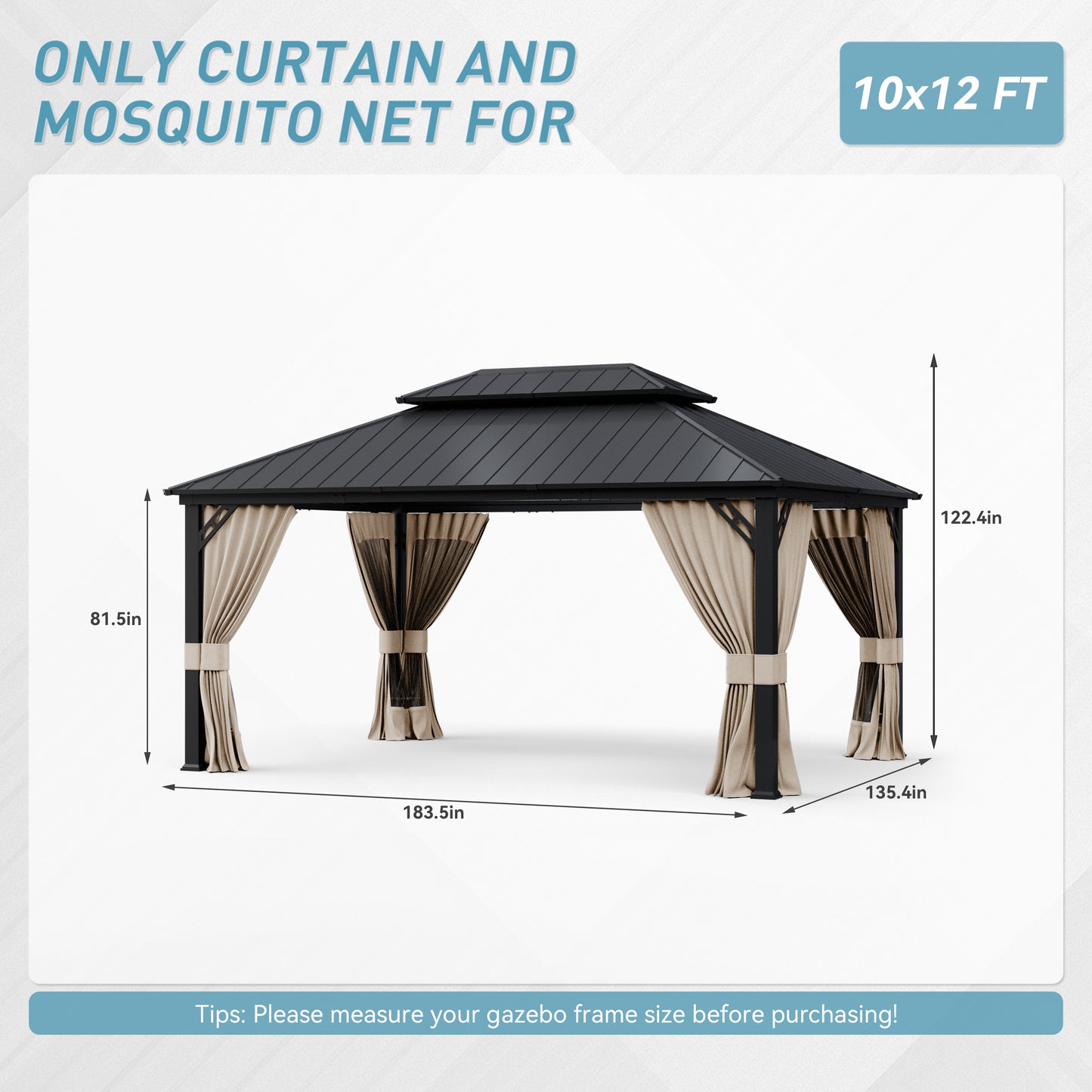 ALAULM 12'x14' Hardtop Gazebo Grey Privacy Curtains with Black Mosquito Netting, 4-Panels Side Wall Universal Gazebo Side Panels Replacement for Patio Outdoor Canopy Garden (Curtain Only)