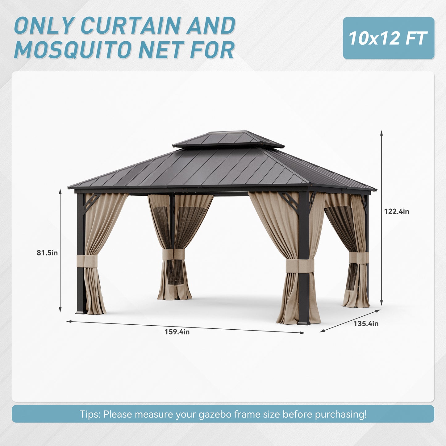 ALAULM 10'x12' Hardtop Gazebo Grey Privacy Curtains with Black Mosquito Netting, 4-Panels Side Wall Universal Gazebo Side Panels Replacement for Patio Outdoor Canopy Garden (Curtain Only)