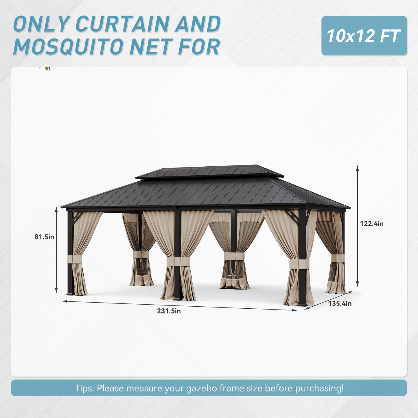 ALAULM 12'x20' Hardtop Gazebo Sand Privacy Curtains with Brown Mosquito Netting, 4-Panels Side Wall Universal Gazebo Side Panels Replacement for Patio Outdoor Canopy Garden (Curtain Only)