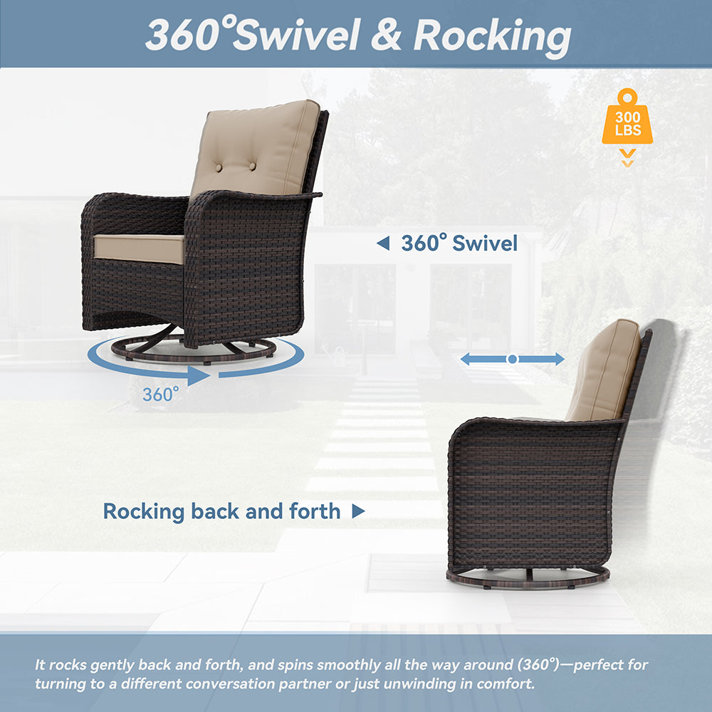 ALAULM 7 Pieces Outdoor Patio Furniture Set with 40000 BTU Round Fire Pit Table, Outdoor Swivel Glider Chair with Side Table, Patio Conversation Sets for Porch Deck Backyard