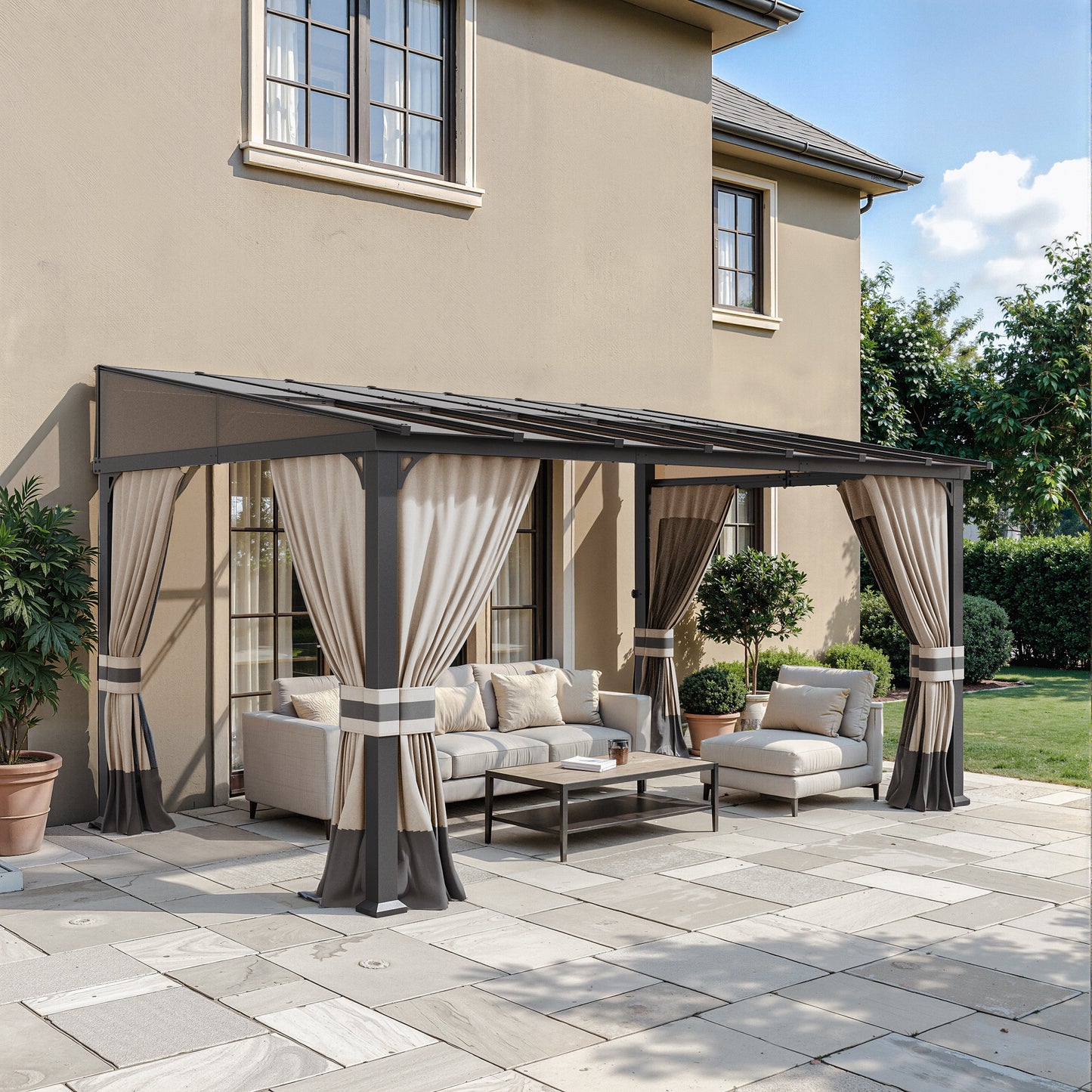 ALAULM 10'x14' Lean to Gazebo Privacy Curtains with Mosquito Netting, 4-Panels Side Wall Universal Gazebo Side Panels Replacement for Patio Outdoor Canopy Garden, Grey (Curtain Only)