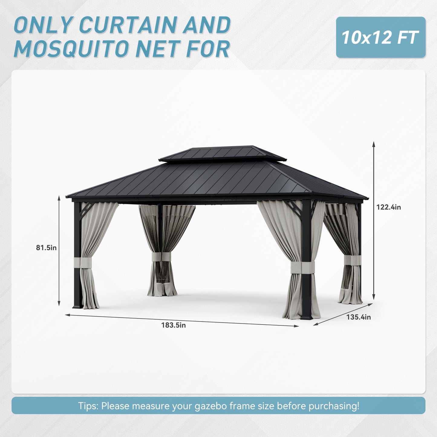 ALAULM 12'x14' Hardtop Gazebo Grey Privacy Curtains with Black Mosquito Netting, 4-Panels Side Wall Universal Gazebo Side Panels Replacement for Patio Outdoor Canopy Garden (Curtain Only)