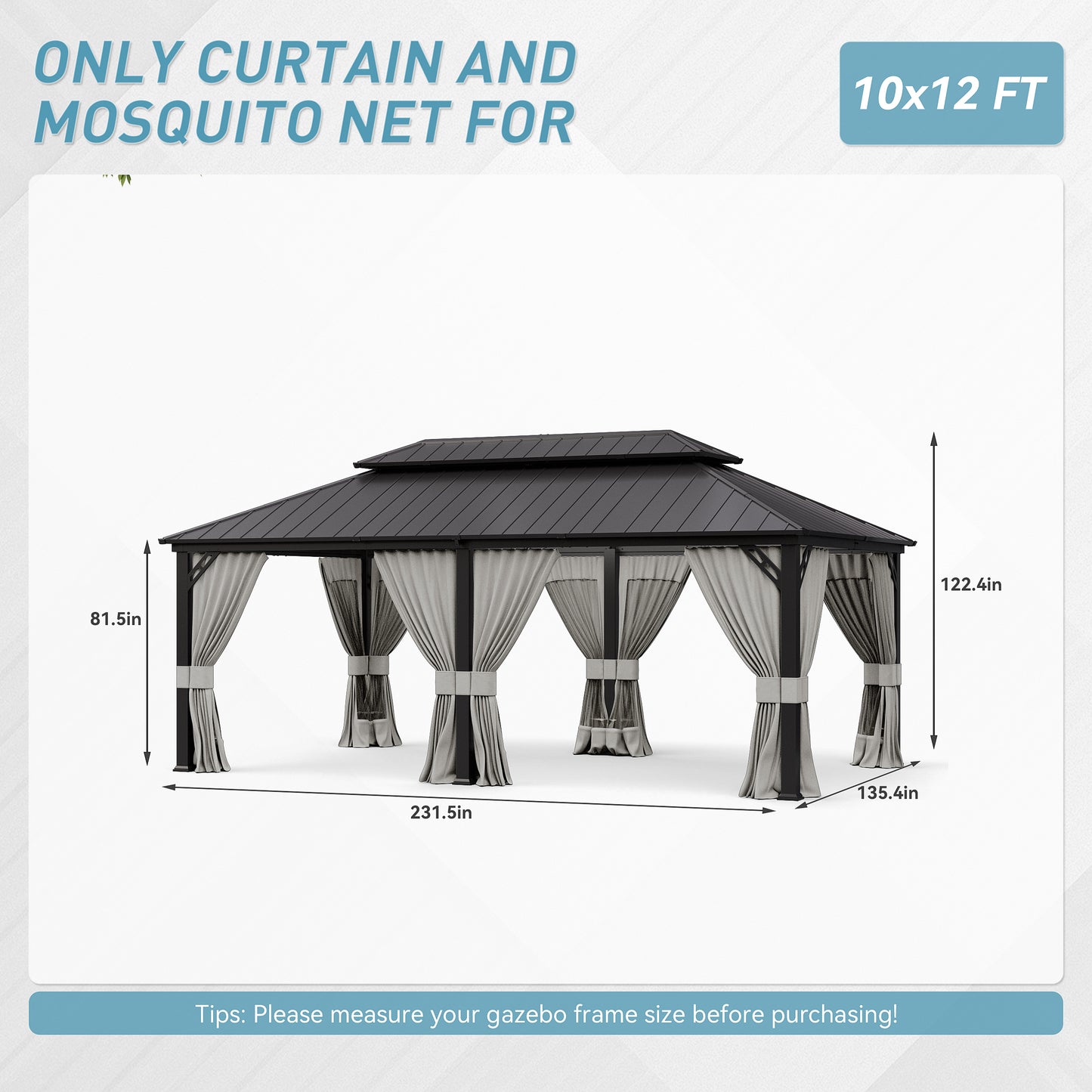 ALAULM 12'x20' Hardtop Gazebo Sand Privacy Curtains with Brown Mosquito Netting, 4-Panels Side Wall Universal Gazebo Side Panels Replacement for Patio Outdoor Canopy Garden (Curtain Only)