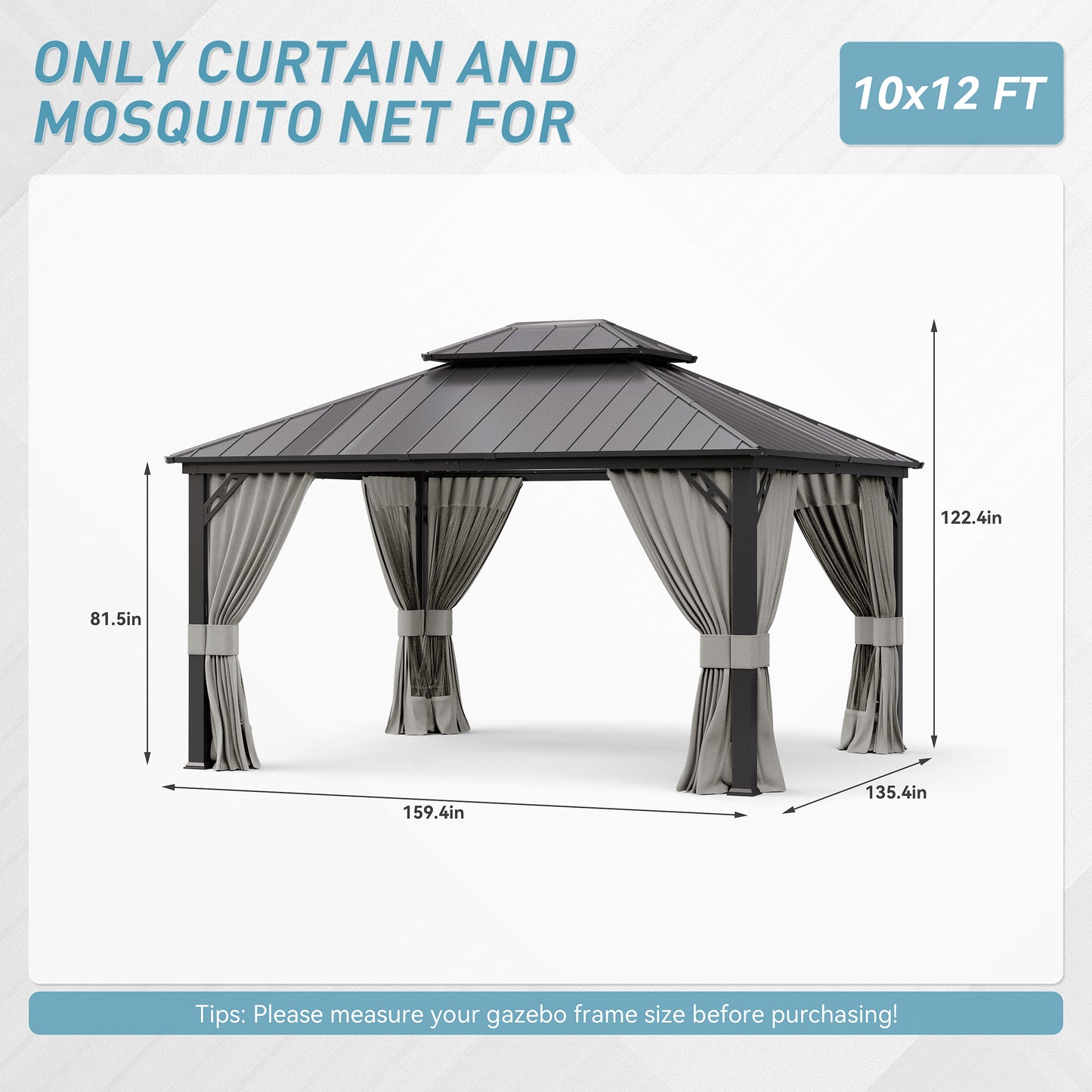 ALAULM 10'x12' Hardtop Gazebo Grey Privacy Curtains with Black Mosquito Netting, 4-Panels Side Wall Universal Gazebo Side Panels Replacement for Patio Outdoor Canopy Garden (Curtain Only)