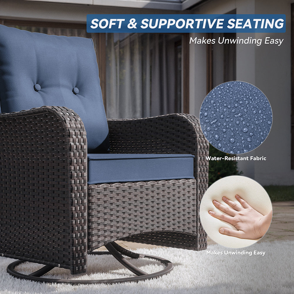 ALAULM 7 Pieces Outdoor Patio Furniture Set with 40000 BTU Round Fire Pit Table, Outdoor Swivel Glider Chair with Side Table, Patio Conversation Sets for Porch Deck Backyard