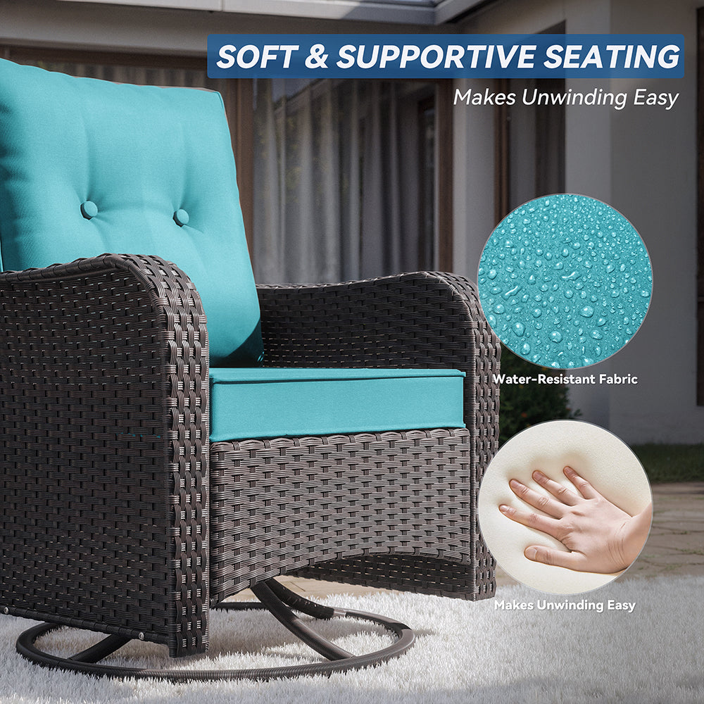 ALAULM 7 Pieces Outdoor Patio Furniture Set with 40000 BTU Round Fire Pit Table, Outdoor Swivel Glider Chair with Side Table, Patio Conversation Sets for Porch Deck Backyard