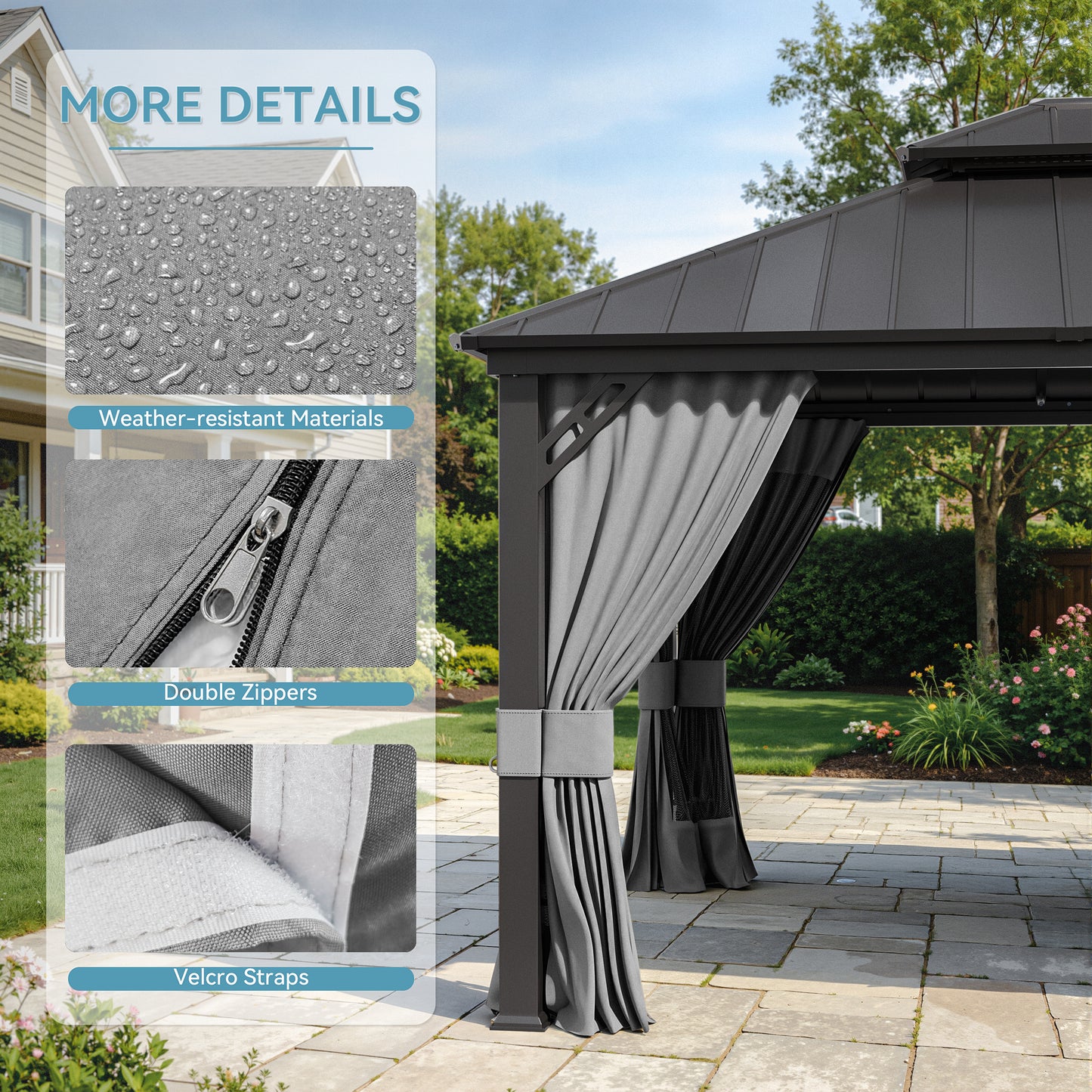 ALAULM 10'x12' Hardtop Gazebo Grey Privacy Curtains with Black Mosquito Netting, 4-Panels Side Wall Universal Gazebo Side Panels Replacement for Patio Outdoor Canopy Garden (Curtain Only)