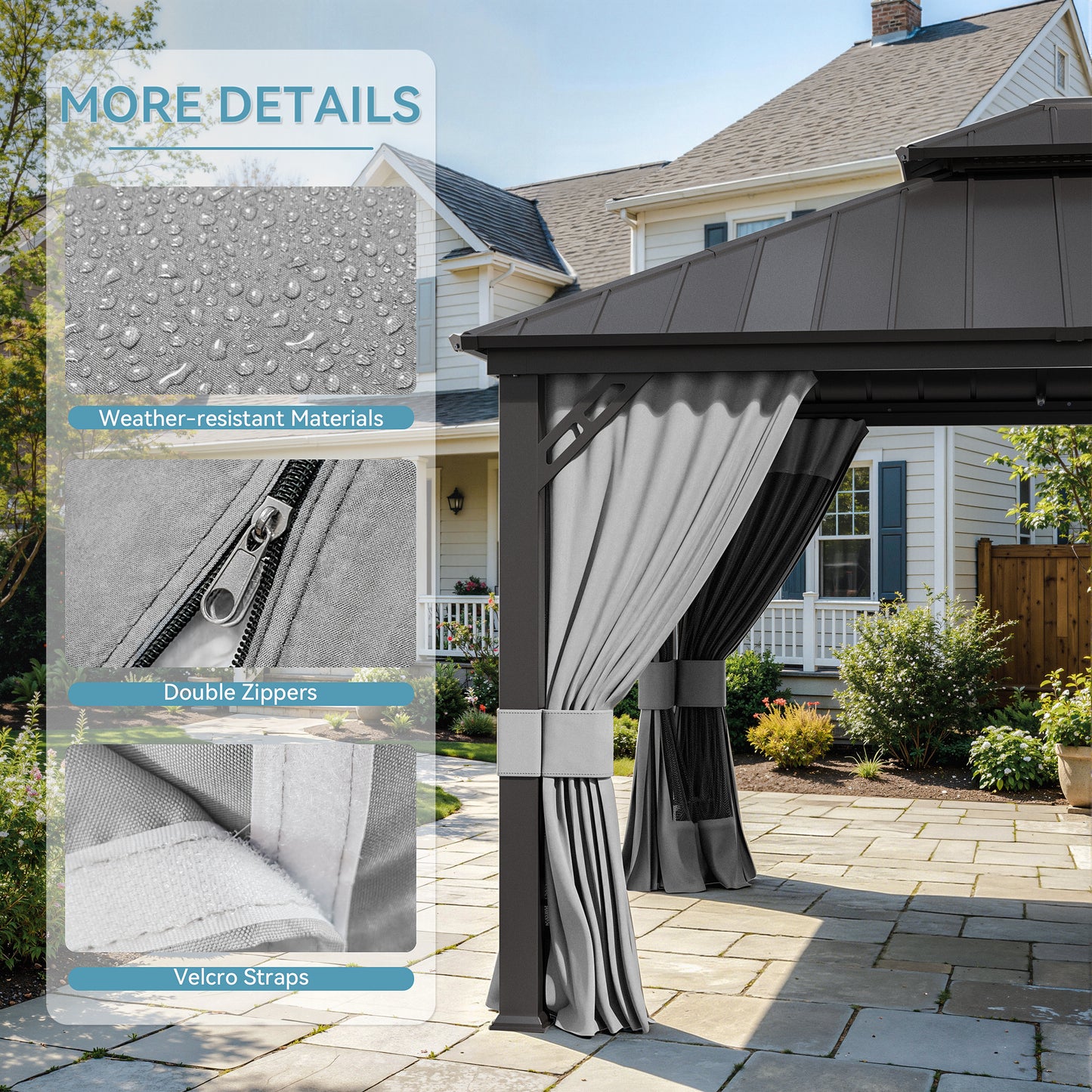 ALAULM 12'x14' Hardtop Gazebo Grey Privacy Curtains with Black Mosquito Netting, 4-Panels Side Wall Universal Gazebo Side Panels Replacement for Patio Outdoor Canopy Garden (Curtain Only)