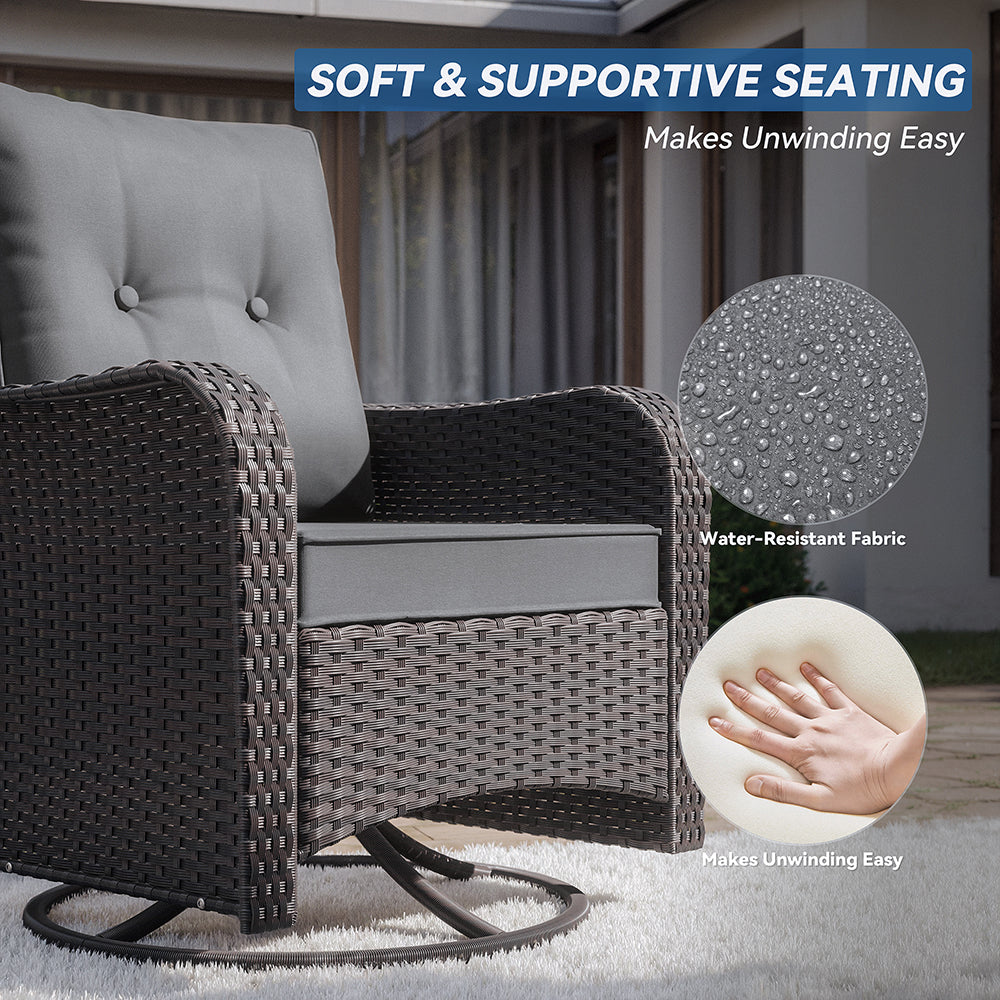 ALAULM 7 Pieces Outdoor Patio Furniture Set with 40000 BTU Round Fire Pit Table, Outdoor Swivel Glider Chair with Side Table, Patio Conversation Sets for Porch Deck Backyard