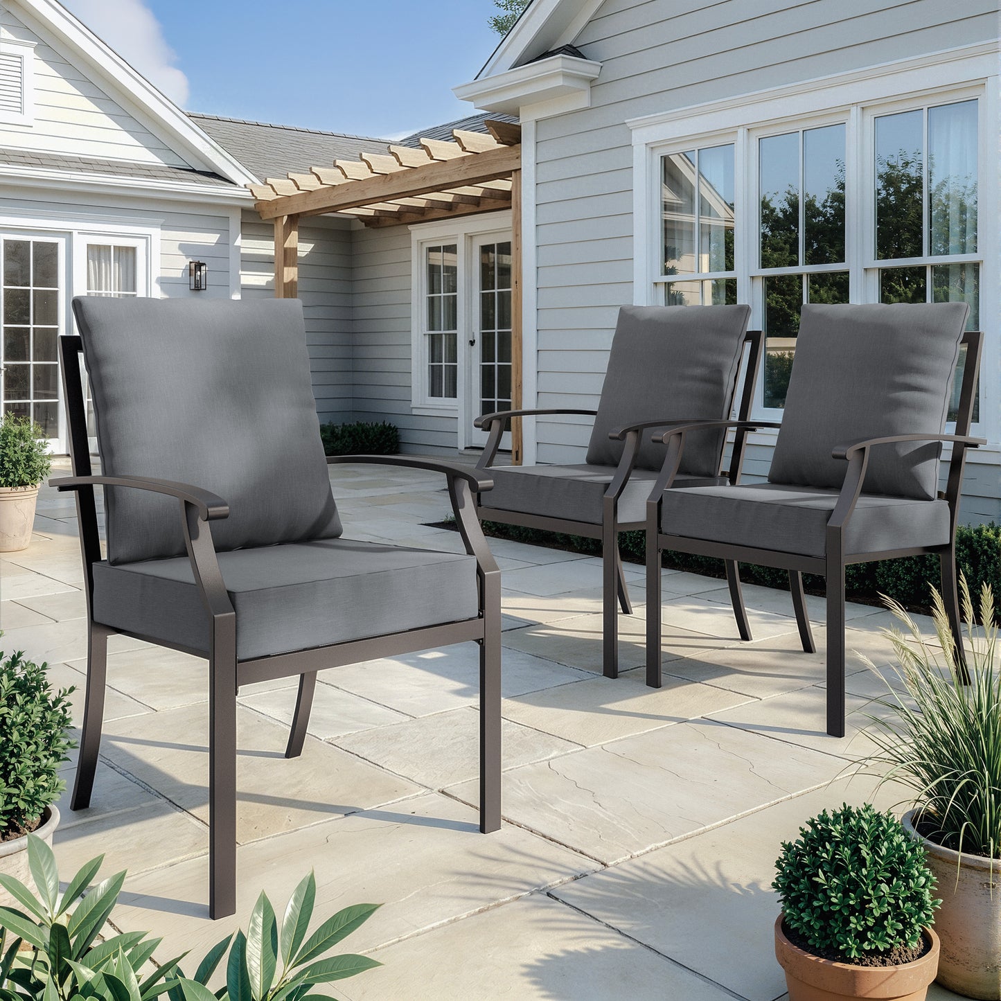 ALAULM Outdoor Dining Chairs Set, Stackabl Patio Dining Chairs with Arms for All Weather, Heavy Duty Dark Brown Powder-Coated Metal Patio Chairs 450LBS, for Backyard Garden Lawn