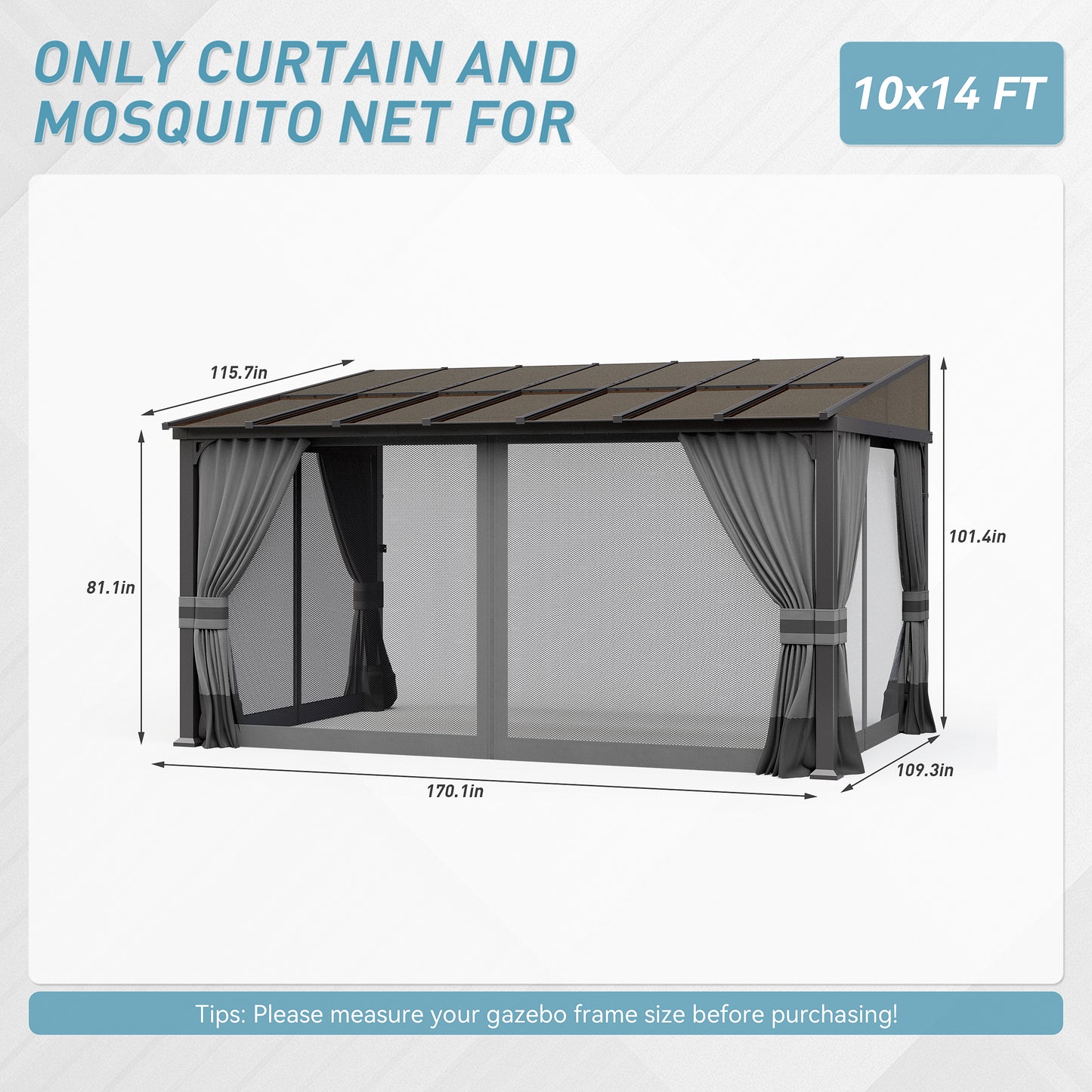ALAULM 10'x14' Lean to Gazebo Privacy Curtains with Mosquito Netting, 4-Panels Side Wall Universal Gazebo Side Panels Replacement for Patio Outdoor Canopy Garden, Grey (Curtain Only)