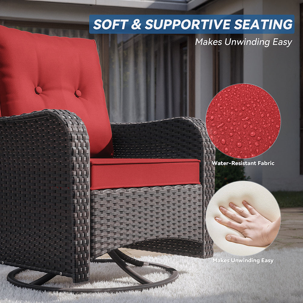 ALAULM 7 Pieces Outdoor Patio Furniture Set with 40000 BTU Round Fire Pit Table, Outdoor Swivel Glider Chair with Side Table, Patio Conversation Sets for Porch Deck Backyard