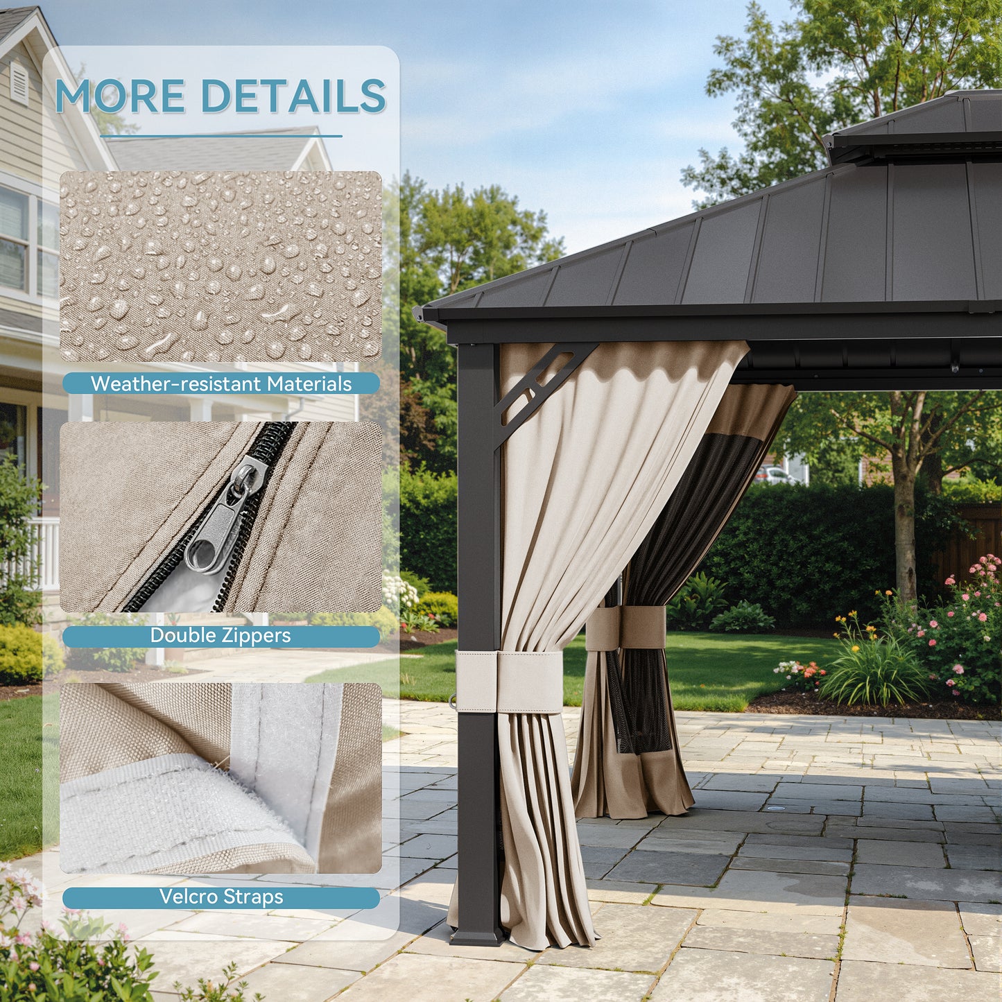 ALAULM 10'x12' Hardtop Gazebo Grey Privacy Curtains with Black Mosquito Netting, 4-Panels Side Wall Universal Gazebo Side Panels Replacement for Patio Outdoor Canopy Garden (Curtain Only)