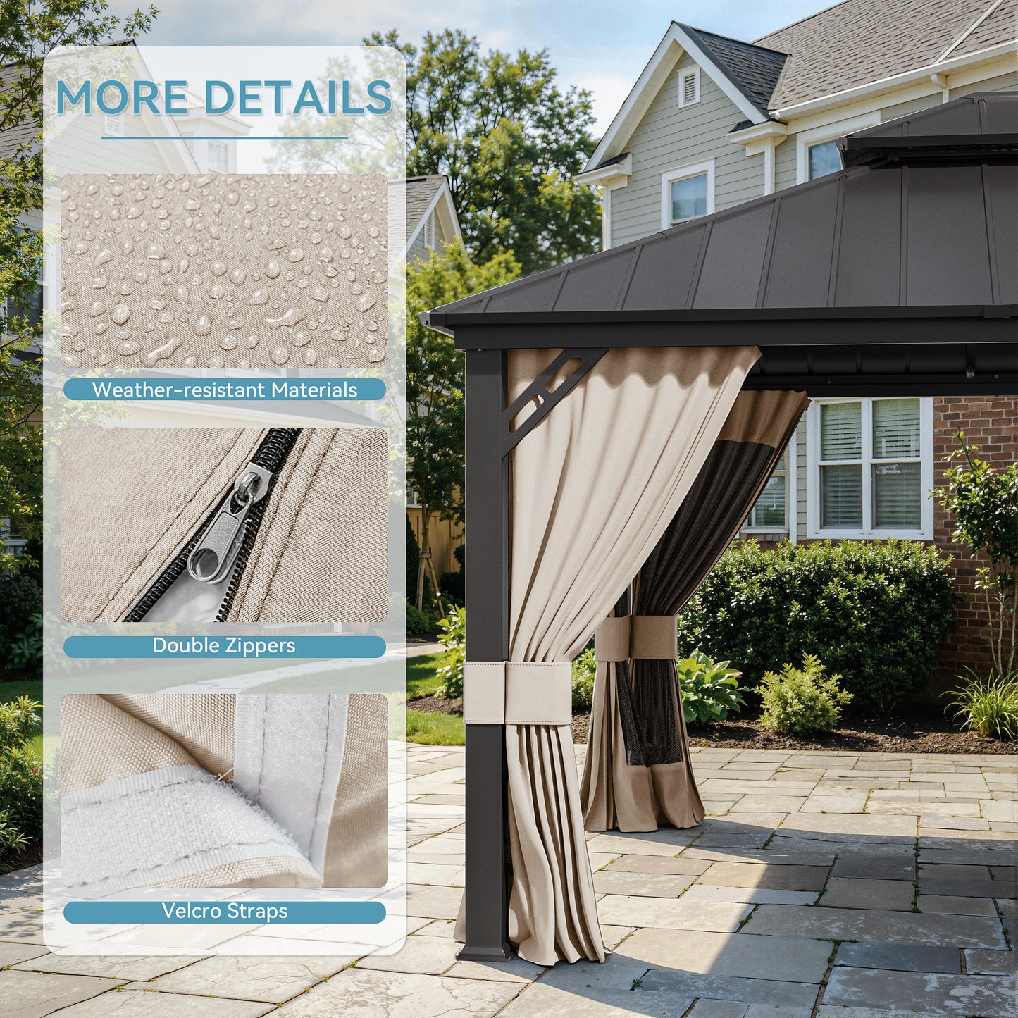 ALAULM 12'x20' Hardtop Gazebo Sand Privacy Curtains with Brown Mosquito Netting, 4-Panels Side Wall Universal Gazebo Side Panels Replacement for Patio Outdoor Canopy Garden (Curtain Only)