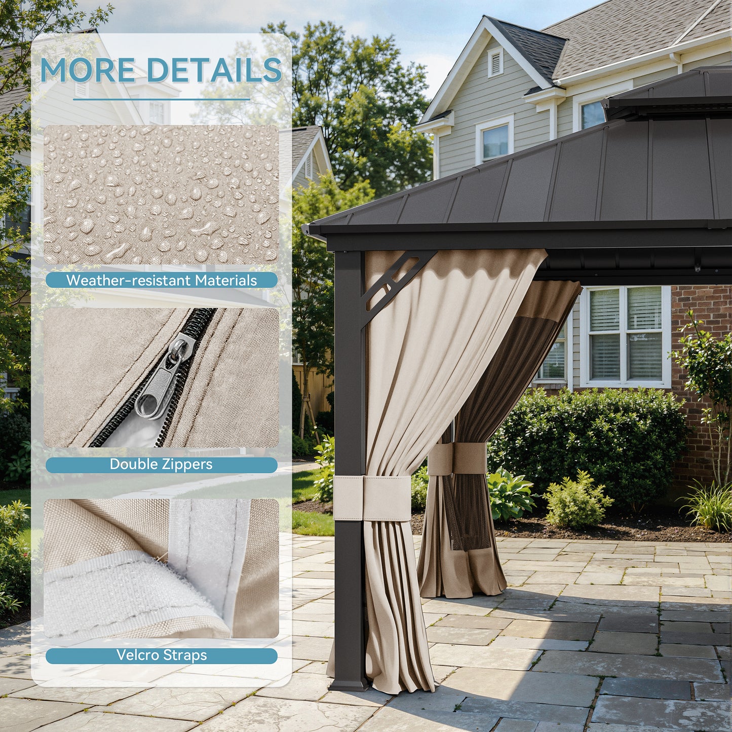ALAULM 12'x20' Hardtop Gazebo Sand Privacy Curtains with Brown Mosquito Netting, 4-Panels Side Wall Universal Gazebo Side Panels Replacement for Patio Outdoor Canopy Garden (Curtain Only)
