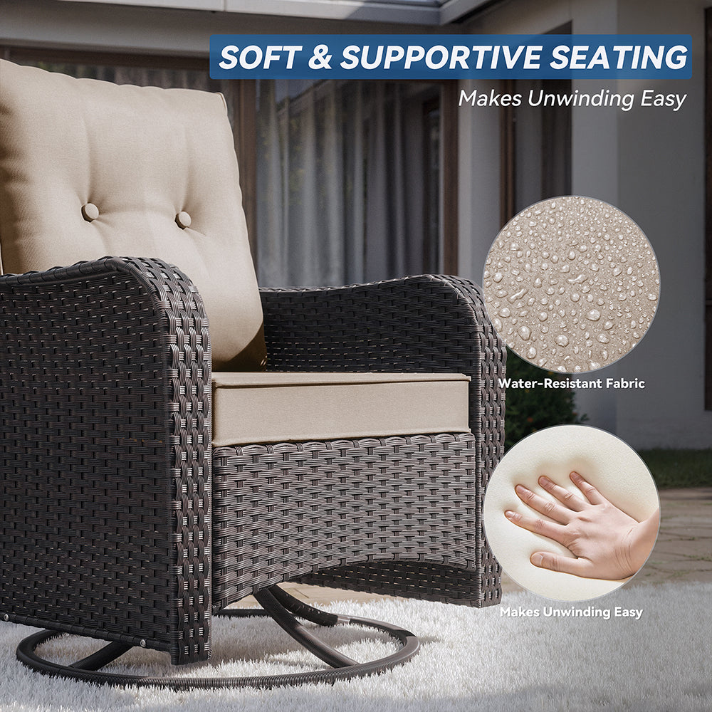 ALAULM 7 Pieces Outdoor Patio Furniture Set with 40000 BTU Round Fire Pit Table, Outdoor Swivel Glider Chair with Side Table, Patio Conversation Sets for Porch Deck Backyard