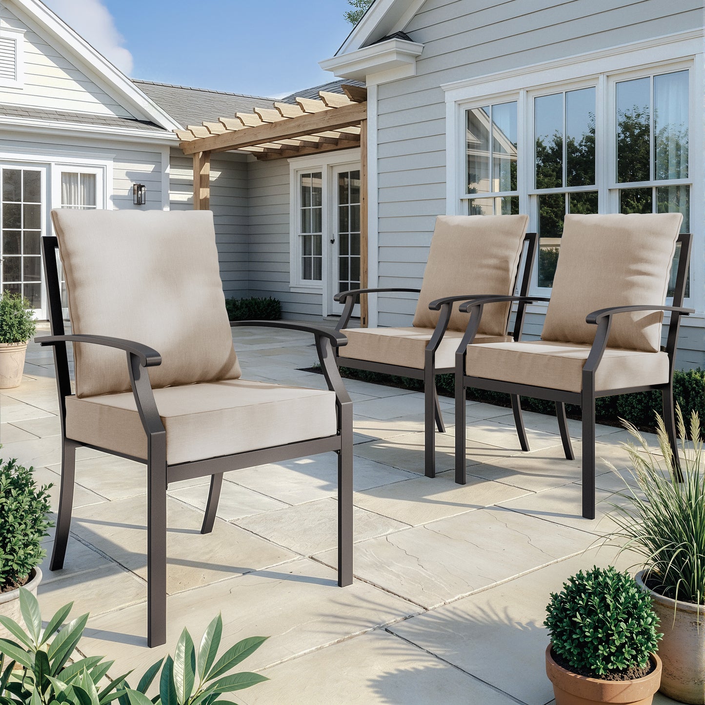 ALAULM Outdoor Dining Chairs Set, Stackabl Patio Dining Chairs with Arms for All Weather, Heavy Duty Dark Brown Powder-Coated Metal Patio Chairs 450LBS, for Backyard Garden Lawn